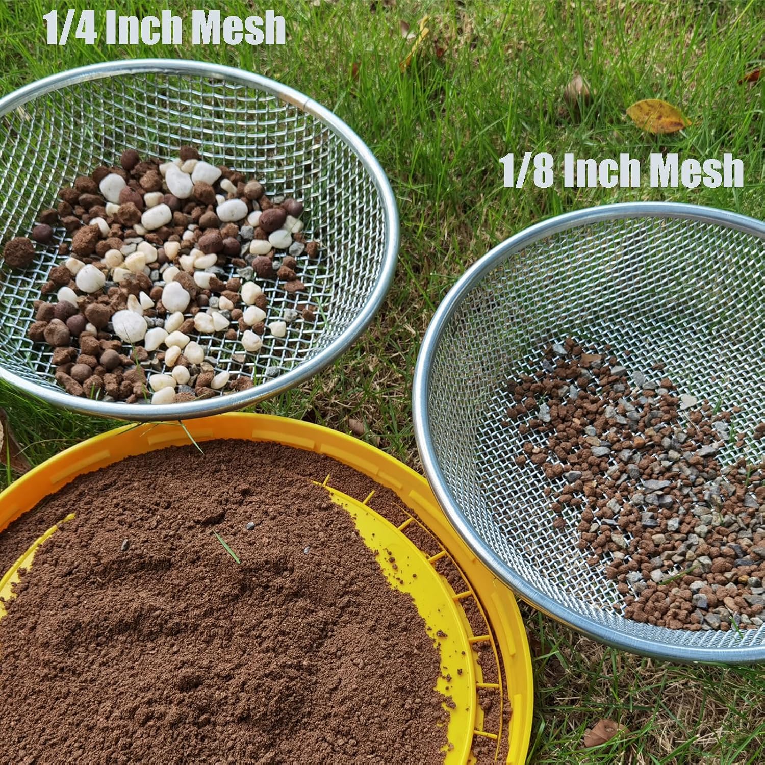 2PCS YUEBM Gardening Sand Soil Compost Sifter Perfect for 5 Gallon Bucket, 1/4 Inch Mesh, 1/8 Inch Mesh