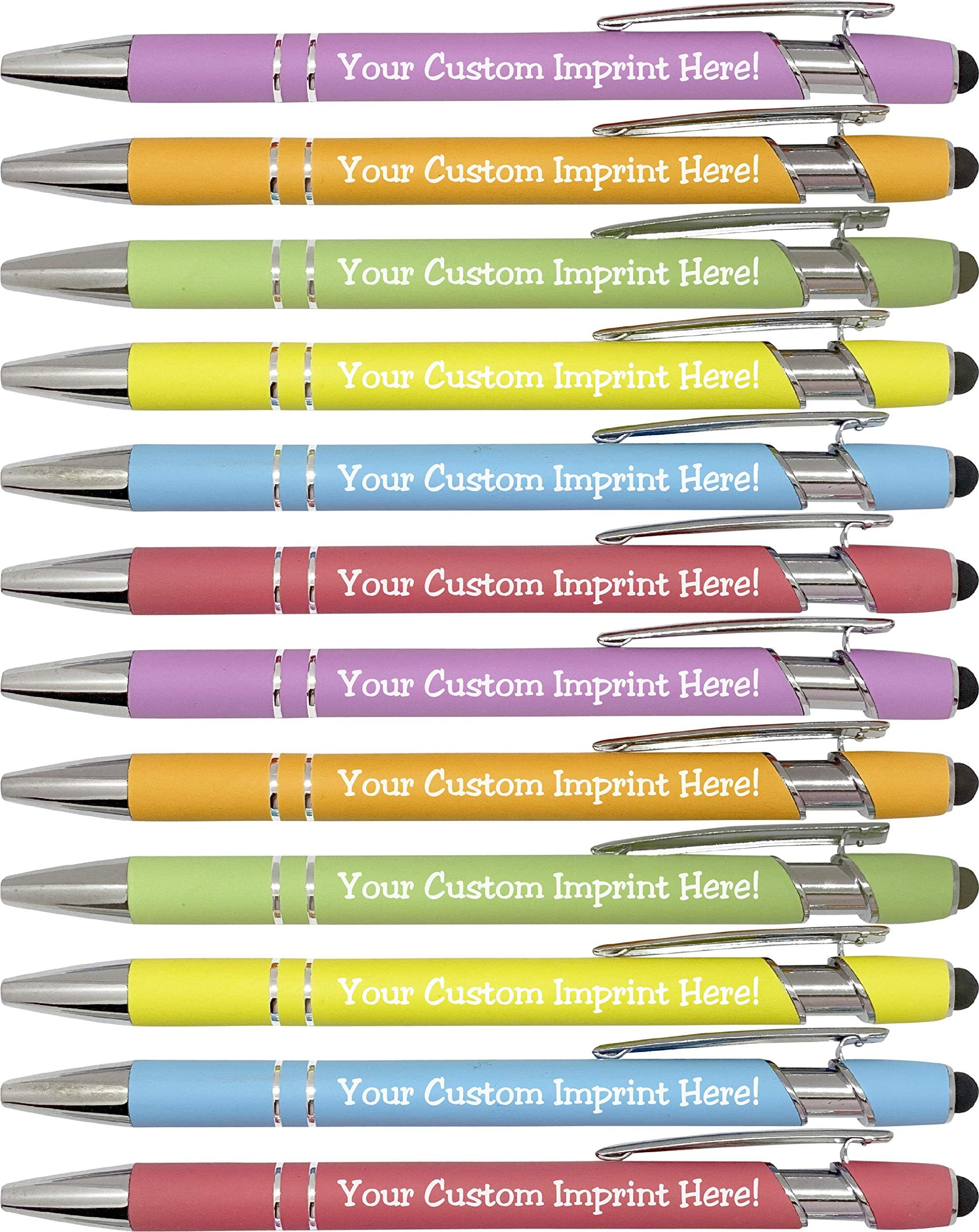 ExpressDesigns™ - Pastel Premium Custom Pens with Stylus | Personalized Soft-Touch Metal Printed Name Pens w/Black Ink - Imprinted w/Logo or Message - 12 pcs/pack (Assorted)