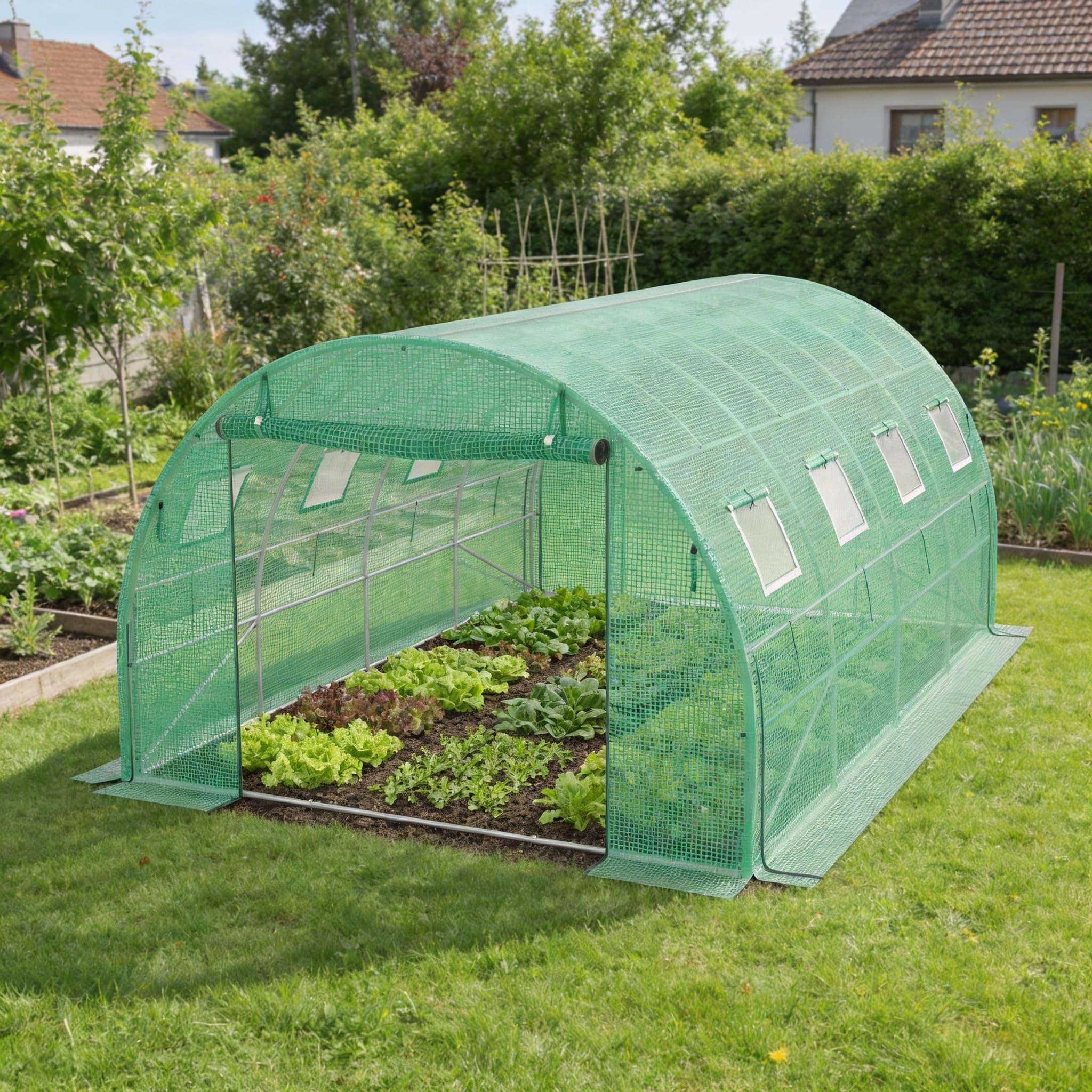 Serre de jardin résistante aux UV avec cadre en acier et 8 fenêtres