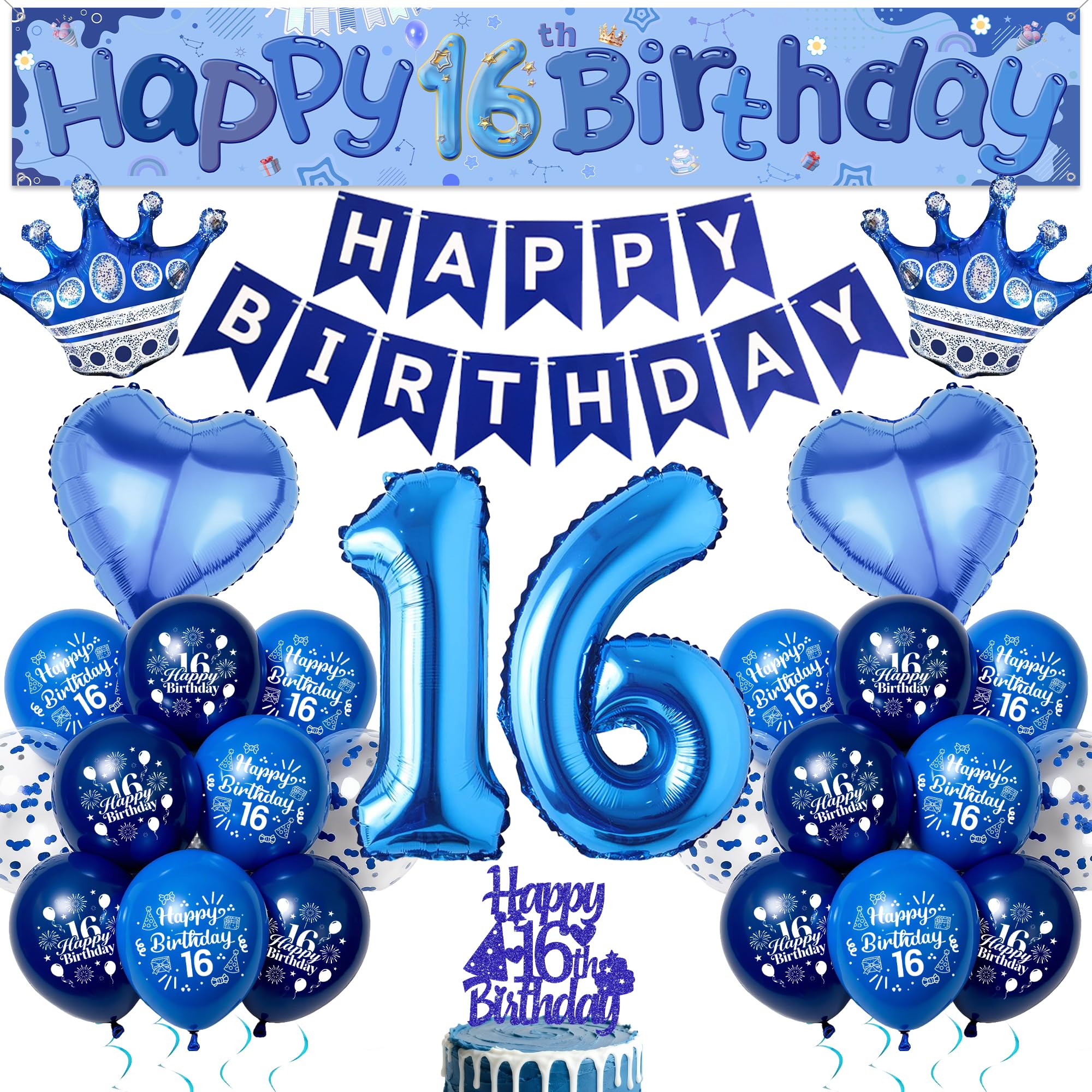16th Birthday Decorations Balloon Set - Navy Blue Happy Birthday Banners Kit with Cake Topper, Number 16 Balloon and Yard Banner for Boys 16 Years Old Birthday Party Supplies