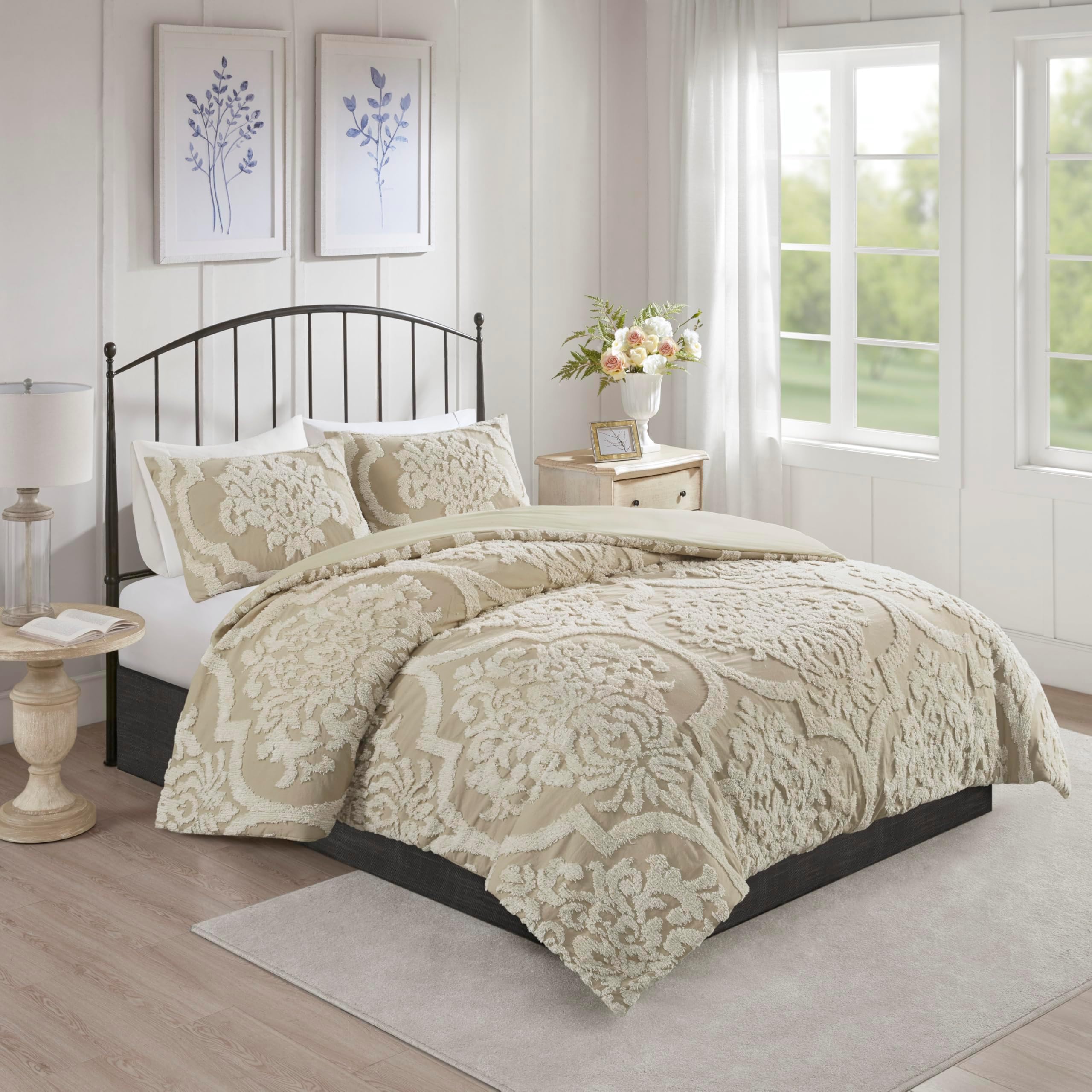 Tufted Chenille Cotton Comforter, All Season Bedding Set, Matching Shams, Viola, Damask Taupe King/Cal King(104"x92") 3 Piece