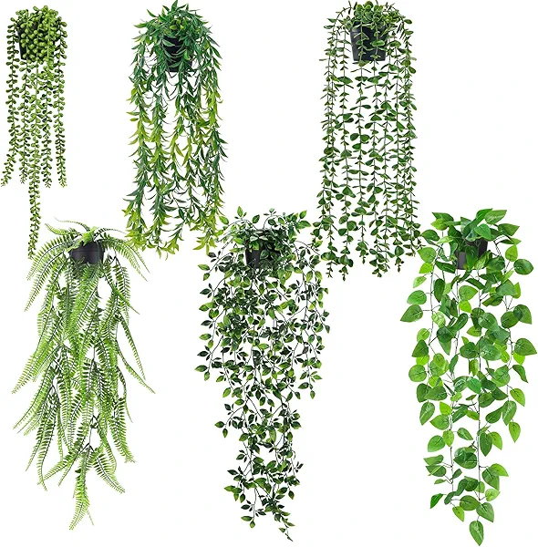 Der Rose 6Pcs Fake Hanging Plants Artificial Decor Faux Potted Greenery Hanging Plants Indoor for Wall Shelf Bathroom Kitchen Outdoor Decor