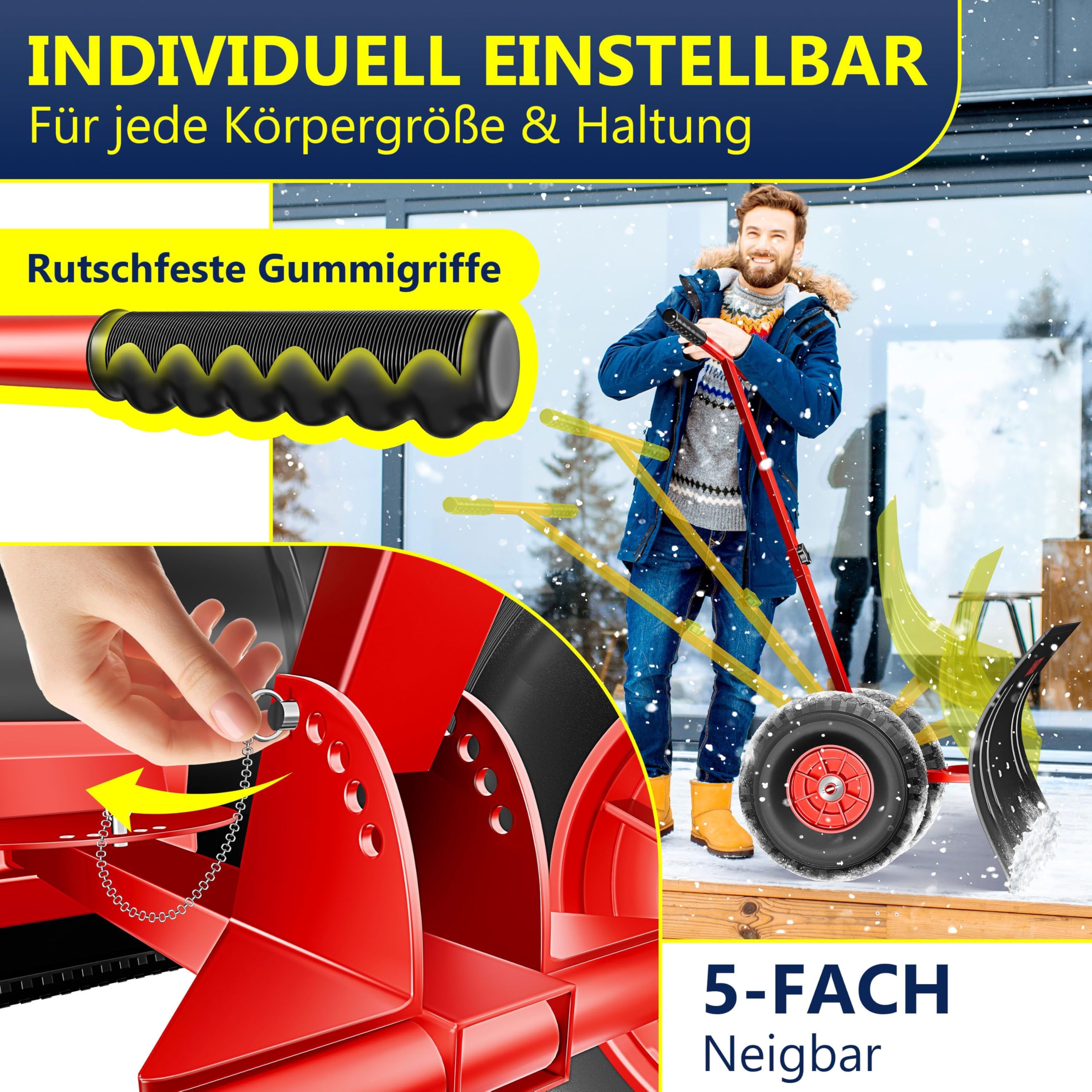 MASKO® Pala da neve su ruote regolabile in altezza – 5 posizioni, non danneggia la schiena, 75 cm, 42 cm