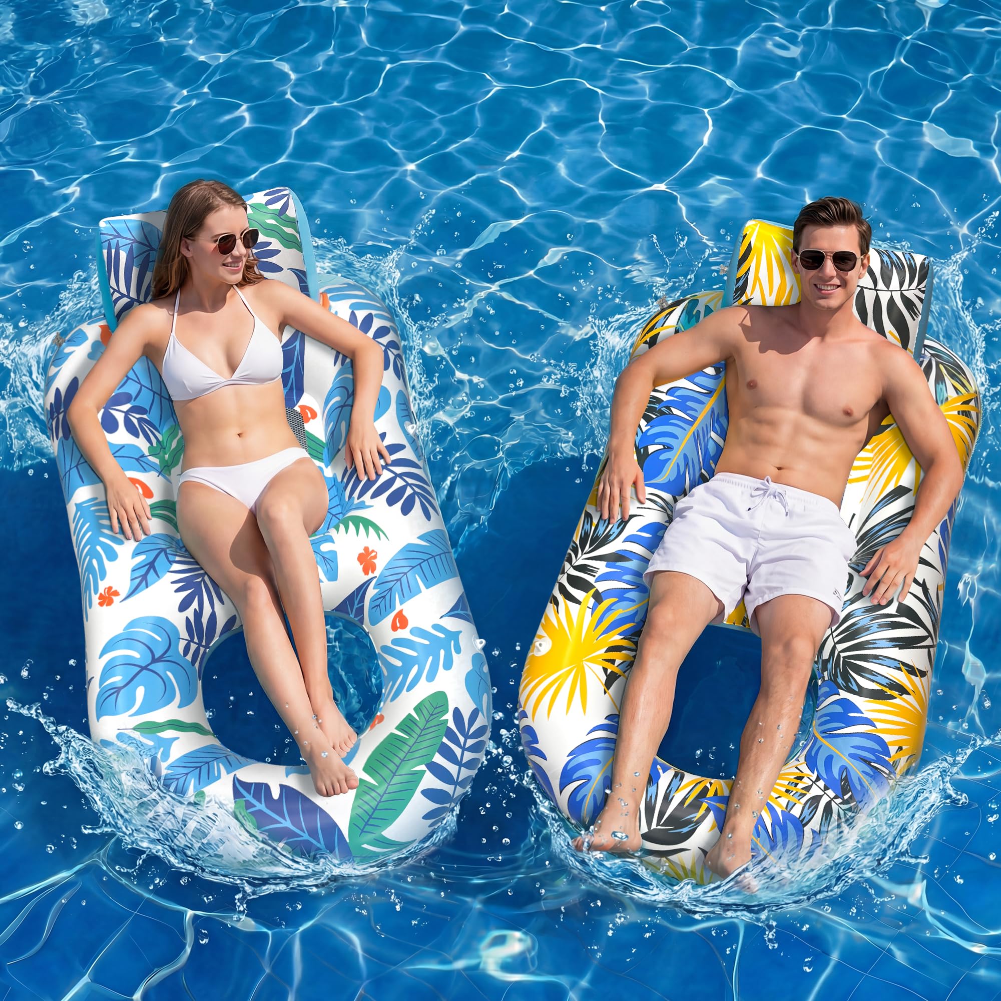 Photo 1 of 2 Pack Inflatable Heavy Duty Pool Floats Lounger, Giant Pool Floats Adult Size with Backrest & Footrest, Pool Rafts Floaties for Beach Lake Party - Multicolor