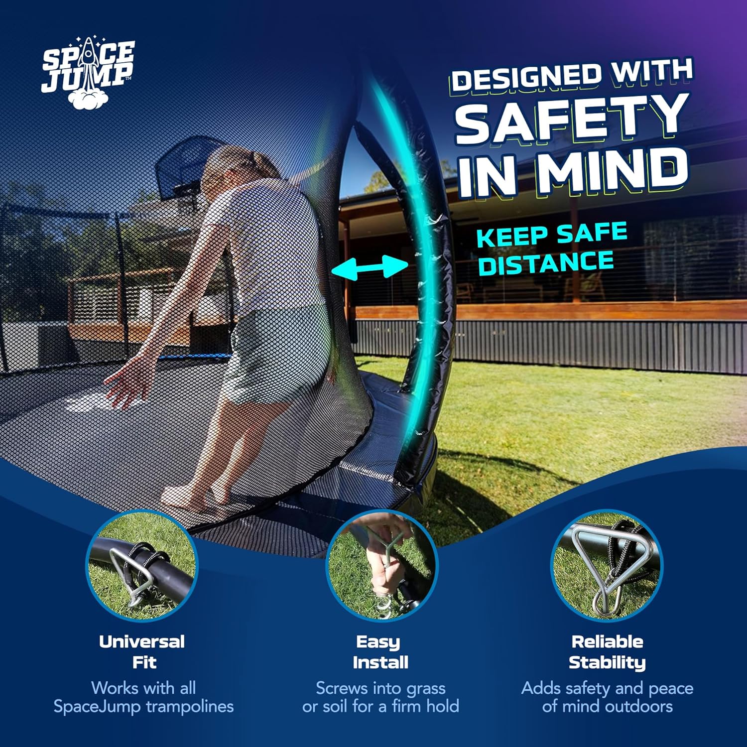 SpaceJump Gravity Anchor Kit Heavy Duty Steel Ground Stakes Screw Tie Down Set for Outdoor Trampoline Stability and Safety, Silver