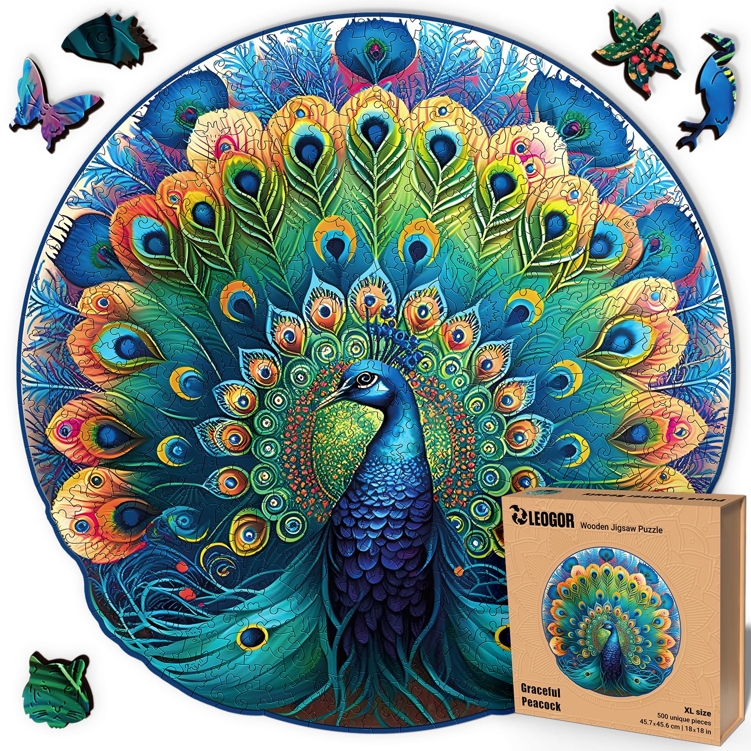 LEOGOR Wooden Puzzles for Adults 500 Piece (18 x 18 in), Extra-Thick 5mm Wood, Large Round Peacock Puzzle with no Edges, Challenging, Unique Puzzles