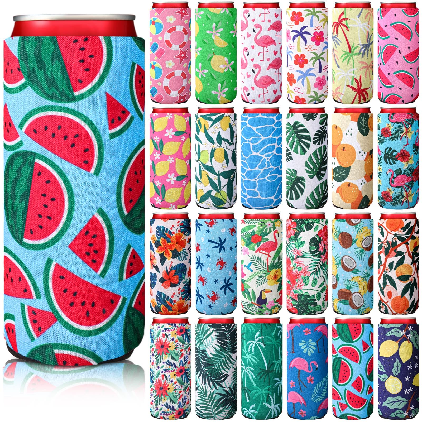Potchen 24 Pcs Summer Can Coolers Sleeves 12 oz Beach Can Cooler Sleeves Neoprene Slim Beer Can Cooler Sleeves Hawaiian Bottle Insulator for Summer