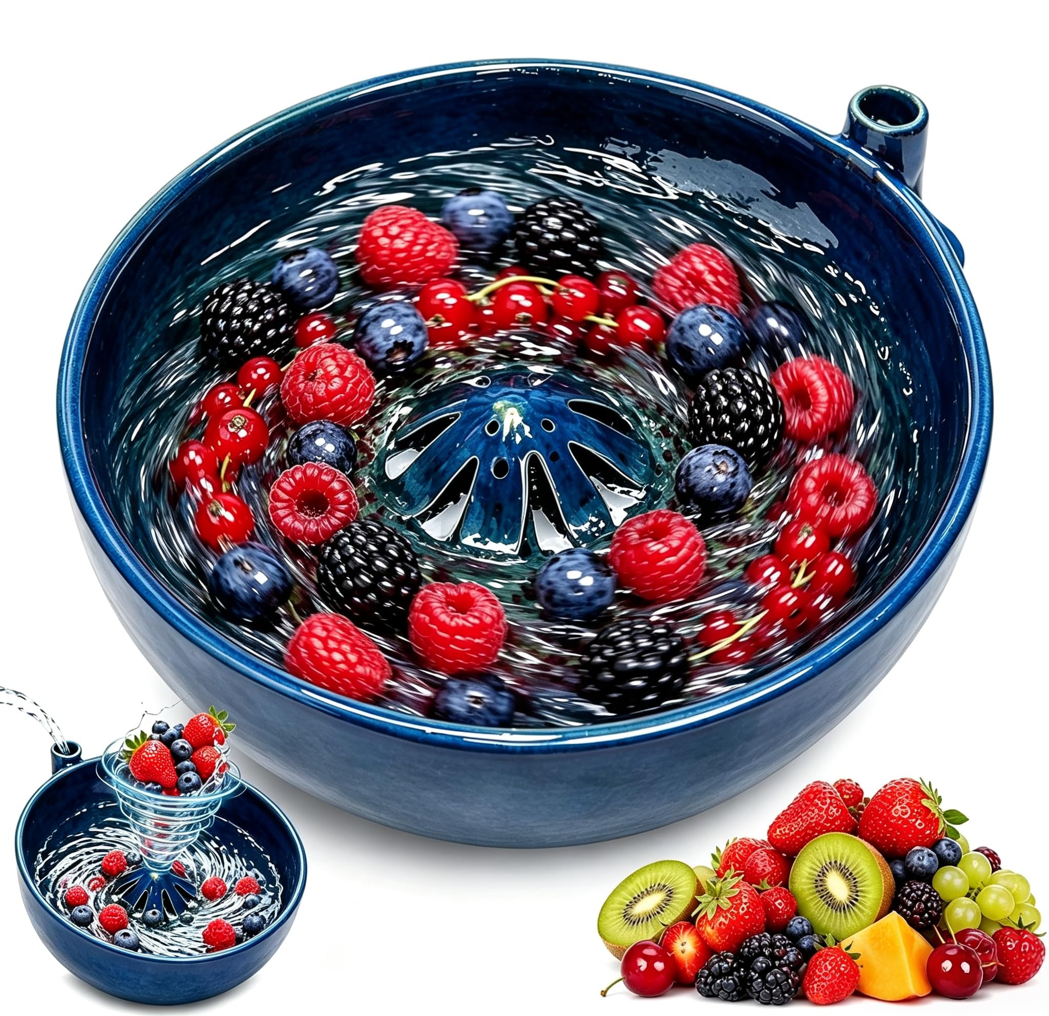Berry Bowl, Self Spinning Ceramic Berry Washing Bowl, Large Fruit Washer with Drain Base, 360 Deep Cleaning, Vortex Swirling Colander for Fruits, Vegetables, Produce & Kitchen