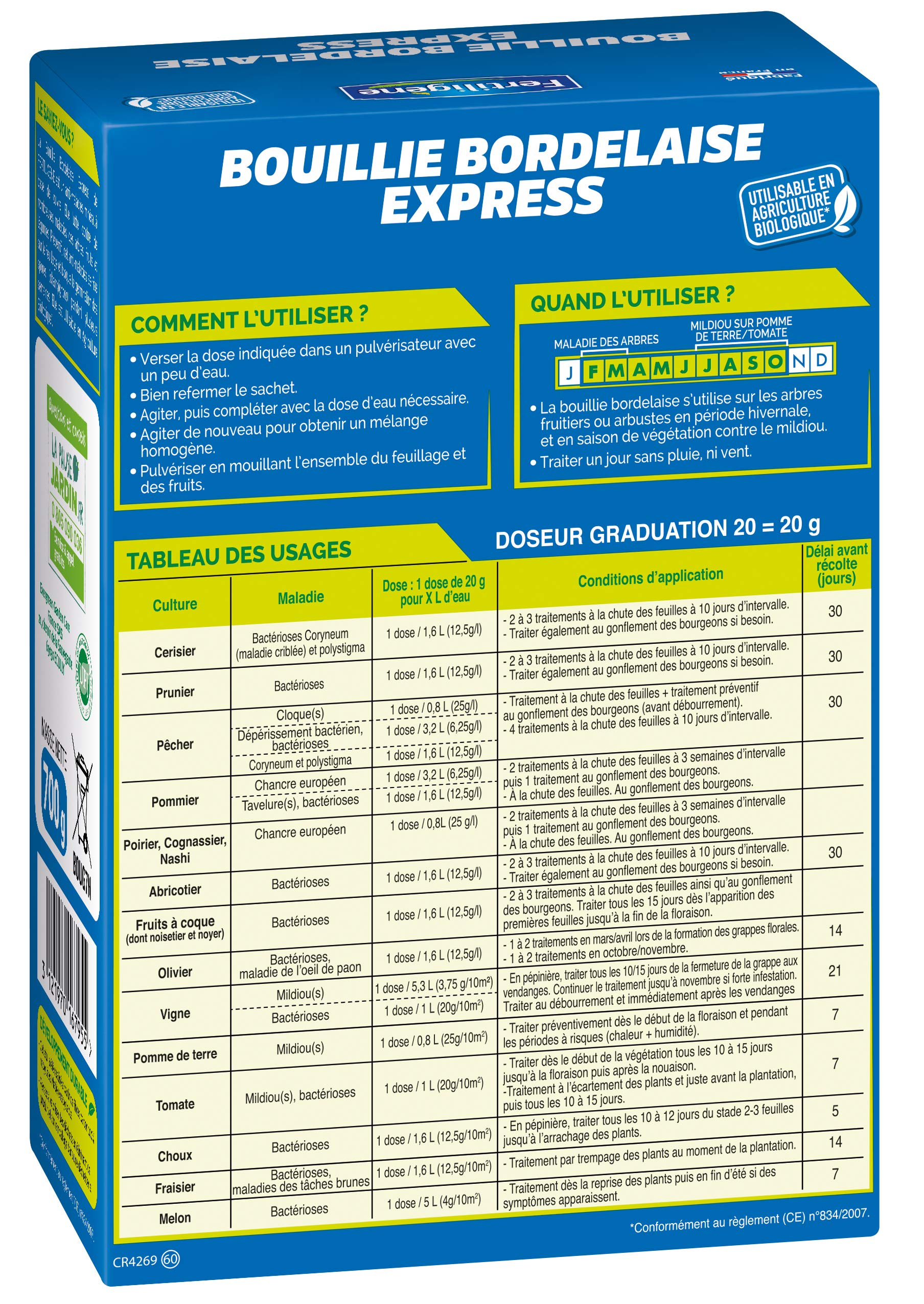 FERTILIGENE BOUG7N - Bouillie Bordelaise Granulés Solubles UAB 700 g - Polyvalent et efficace sur nombreuses maladies - Protège verger et potager - Mini granulés sans grumeaux - Frabriqué en France