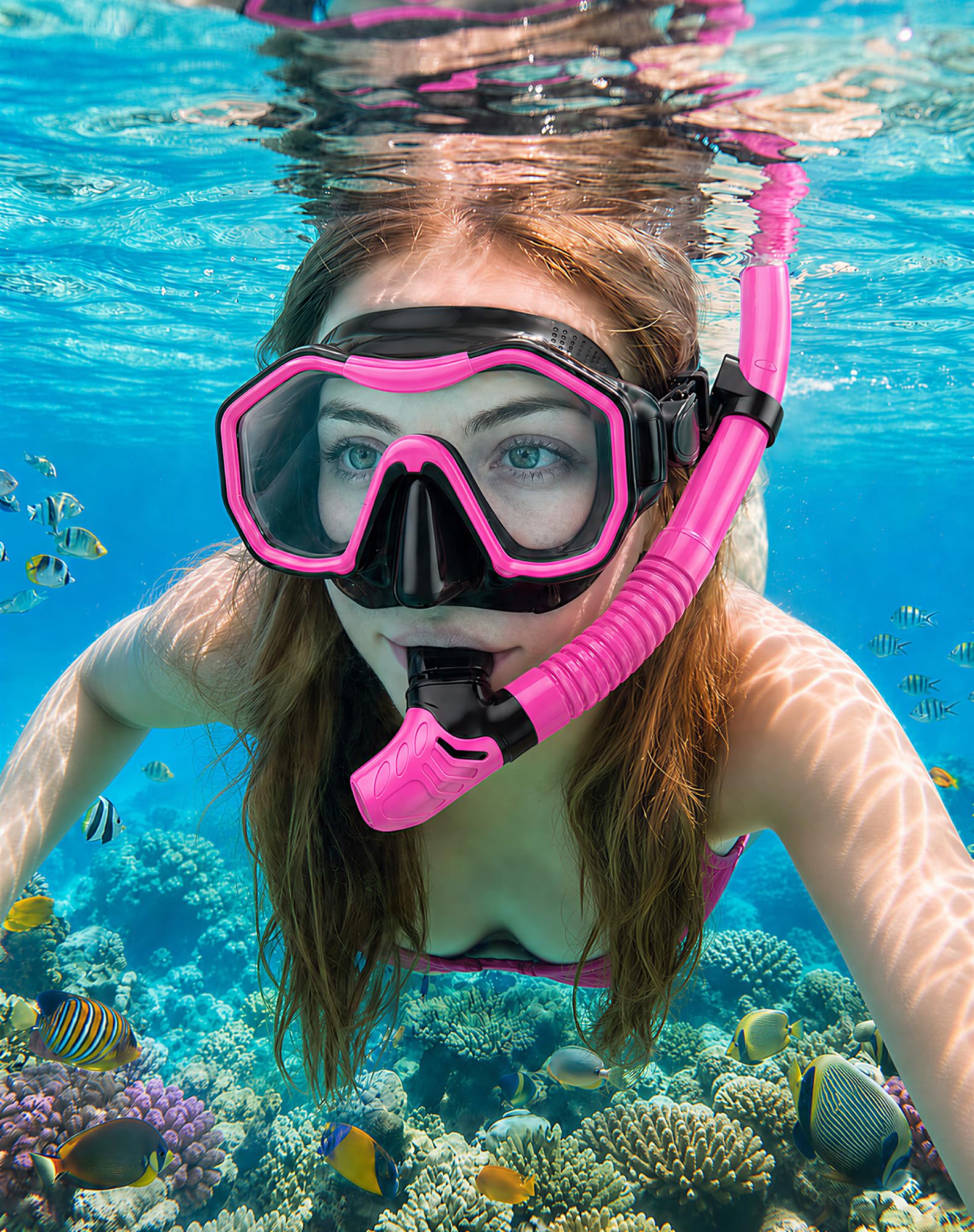 Schnorchelset Erwachsene, 2er-Set, Schnorcheln Set mit Panorama Schnorchelmaske und Dry Schnorchel, Anti-Fog wasserdichte Tauchmaske aus Gehärtetem Glas für Tauchen, Schnorcheln, Schwimmen