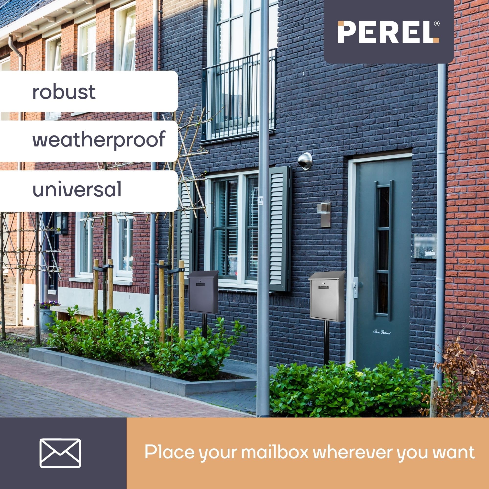 Perel Poteau de Boite aux Lettres Noir en Acier galvanise, Hauteur 150 cm, Pose Libre avec Supports de Fixation, Resistant aux intemperies et Stable pour Exterieur