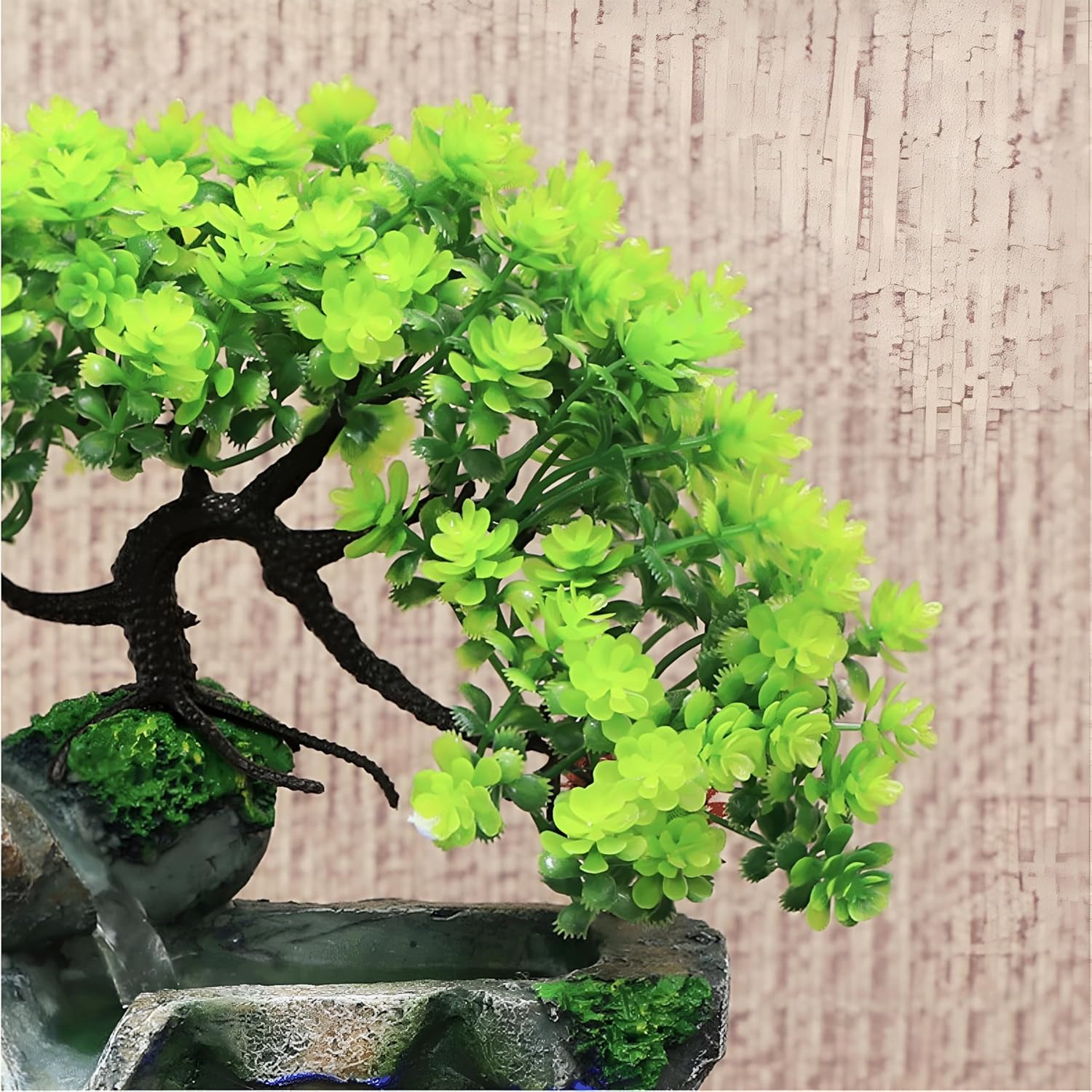 11.81インチ - アルパイン&amp;レインファウンテン 模造木と盆栽 - LEDライト、岩の木の滝、水の霧、オフィスの家の装飾