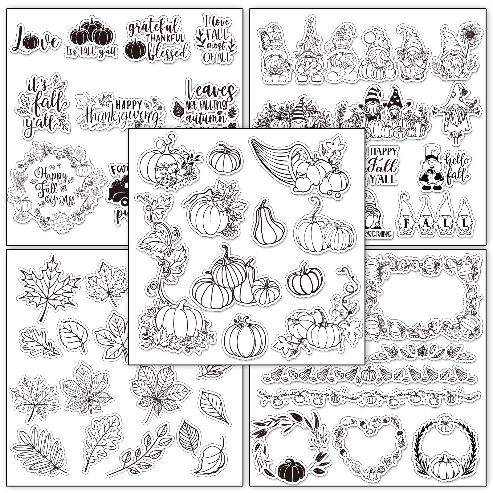 Tampons transparents scrapbooking automne : kit silicone citrouille et feuille Thanksgiving