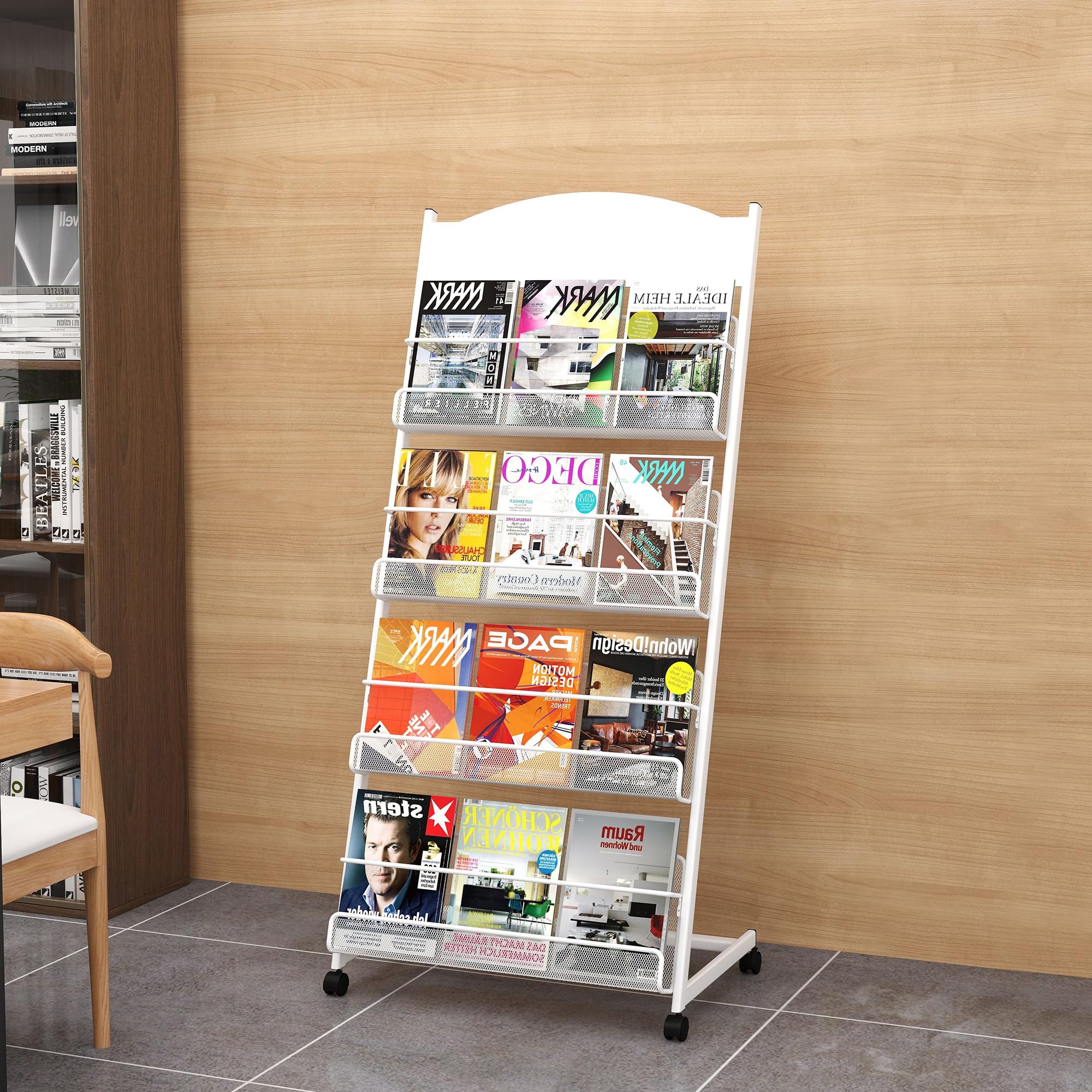 tonchean Magazine Display Rack 4 Tier with Wheels, Metal Brochure Stand 63x36x146cm, Floor Standing Literature Display Stand Newspaper Catalog Holders for Trade Show, Exhibitions, Home and Office