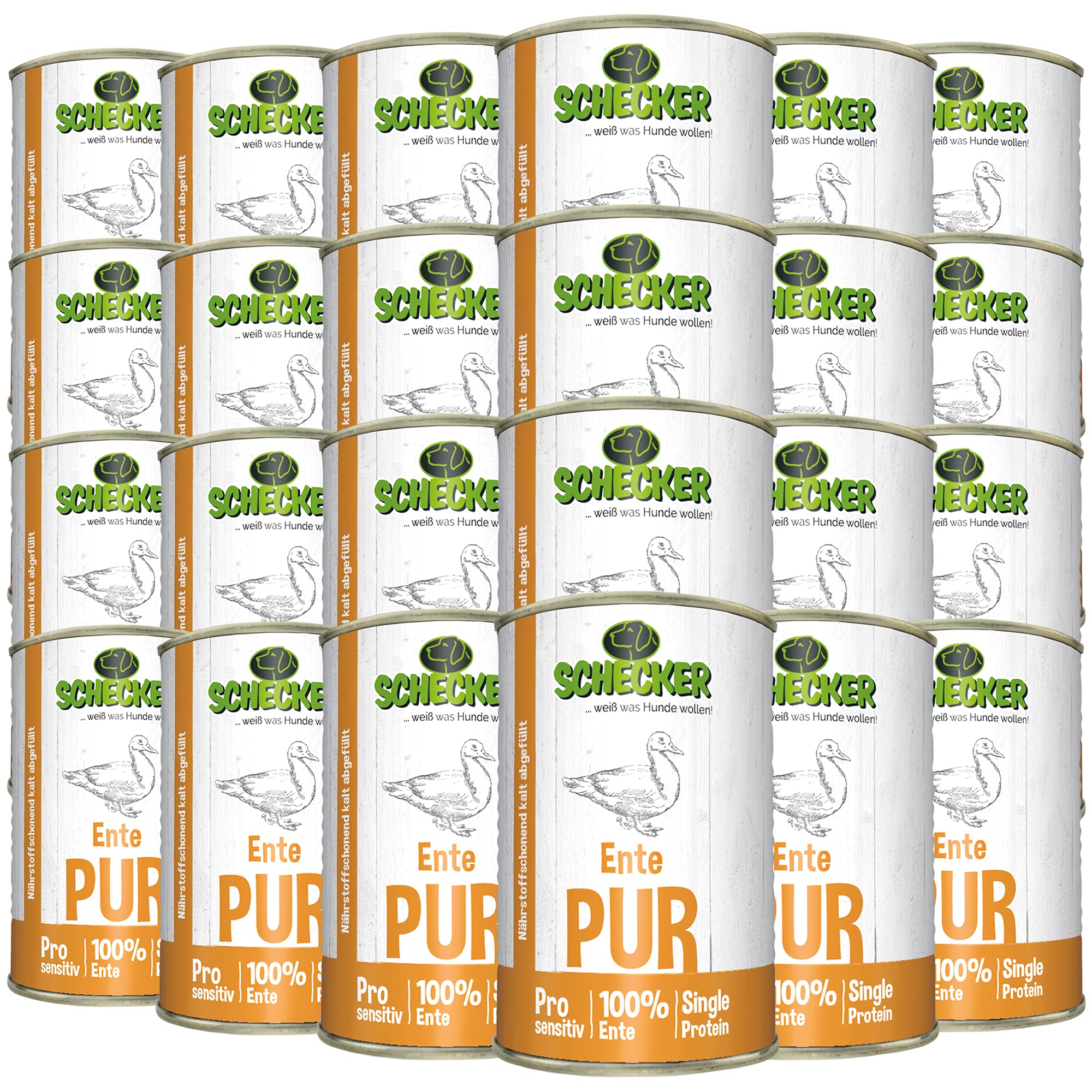 Schecker Ente PUR Nassfutter für Hunde 24 x 410 g | getreidefrei, glutenfrei, 100 % Ente , fettarm, Single-Protein