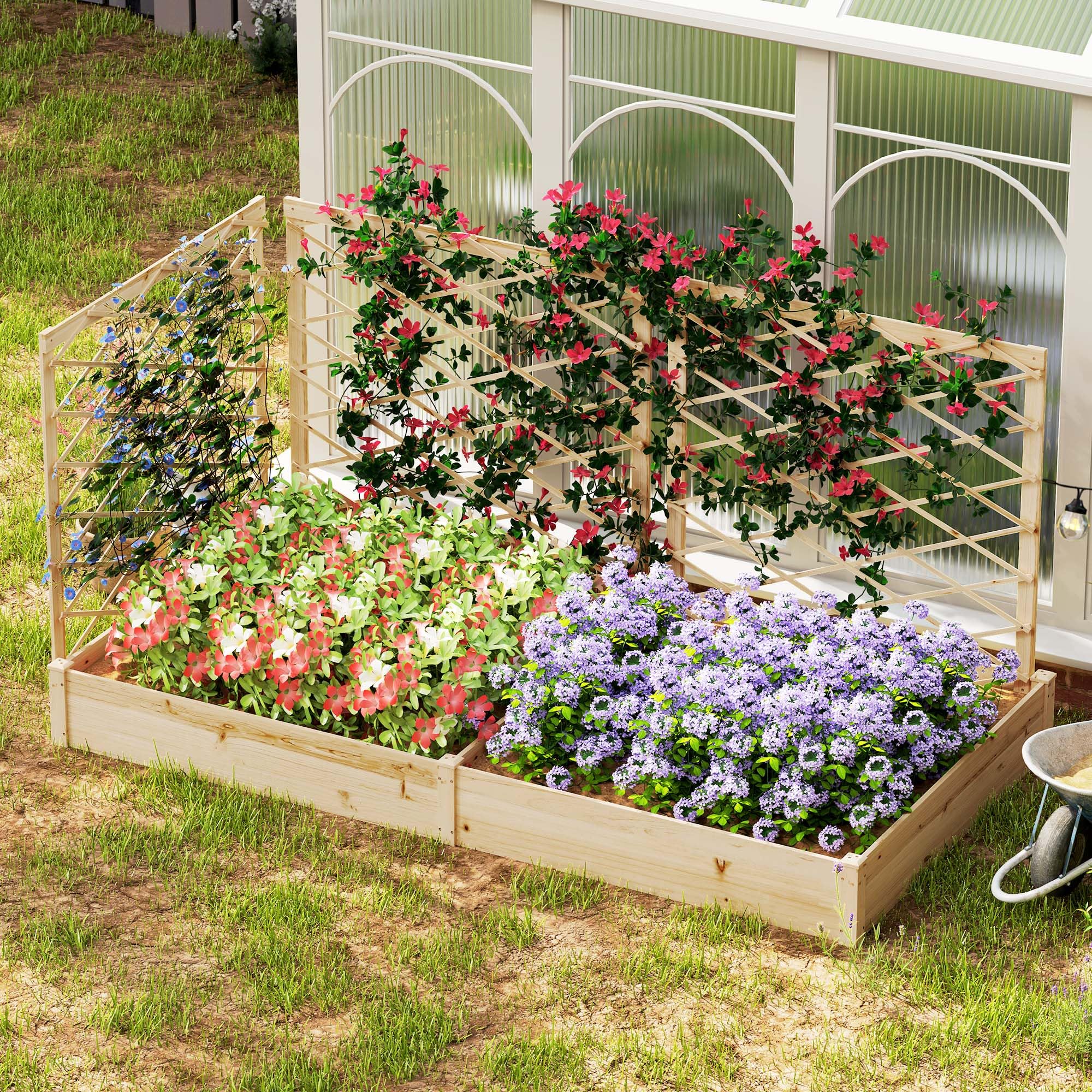Outsunny Jardinière extérieure avec 3 Treillis modulable, lit surélevé de Jardin, bac à Fleurs en Bois pour Balcon terrasse Patio, 222 x 114 x 109 cm, Effet Bois Naturel