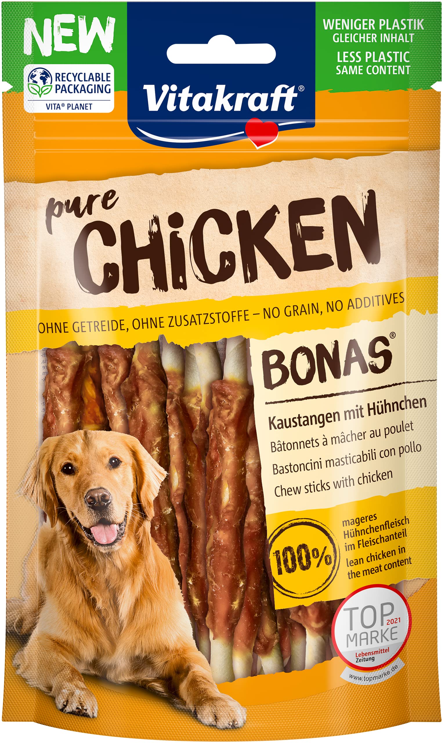 Vitakraft Pure Chicken Bonas, snack cane, bastoncini da masticare con pollo, snack per l’addestramento del cane, senza zuccheri aggiunti (13x 80g)