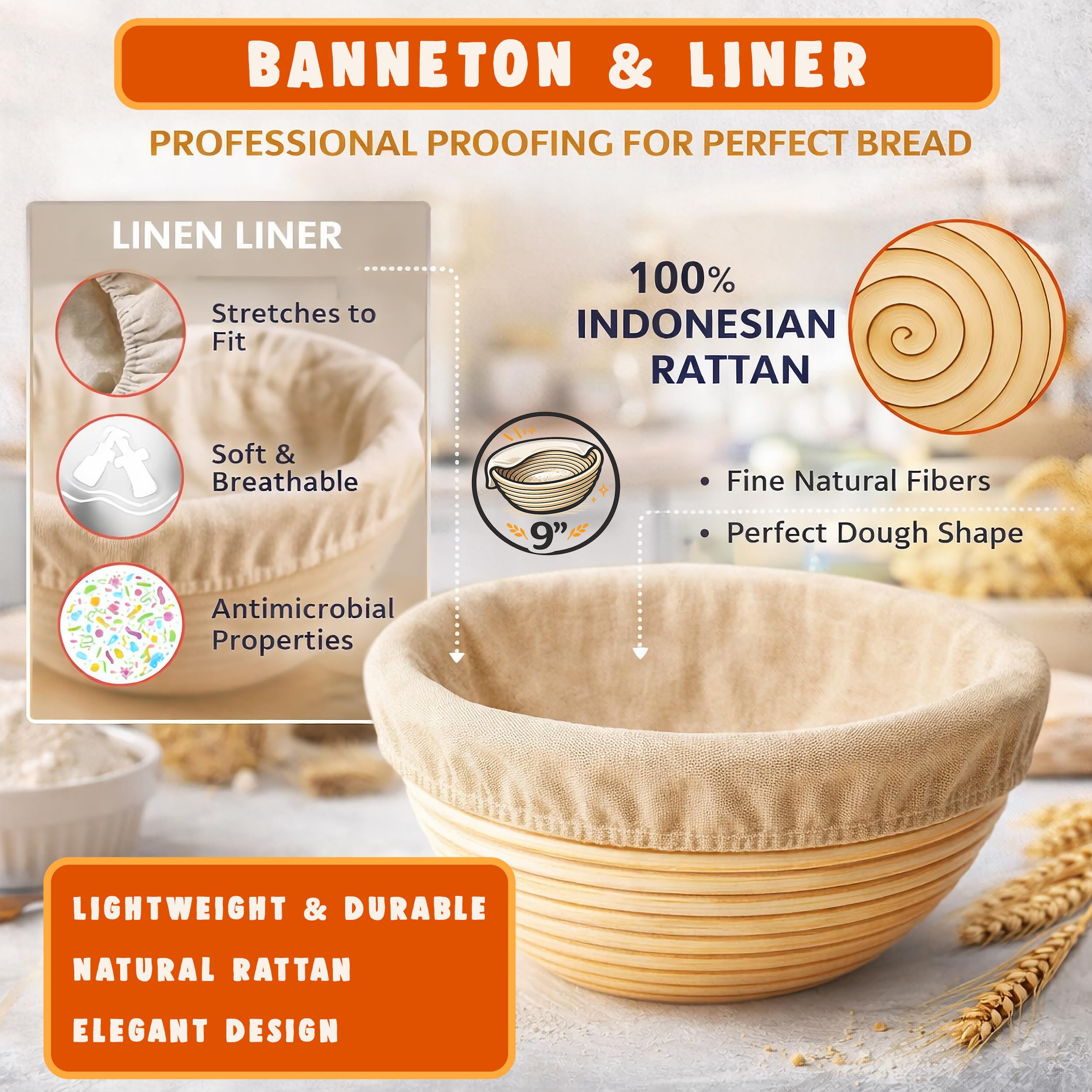 Sauerteig-Starter-Set für handwerkliches Backen, komplettes Set mit 22,9 cm Gärkorb, unverzichtbares Backzubehör, Rezeptheft und Leinentuch, ideal für Hobbybäcker