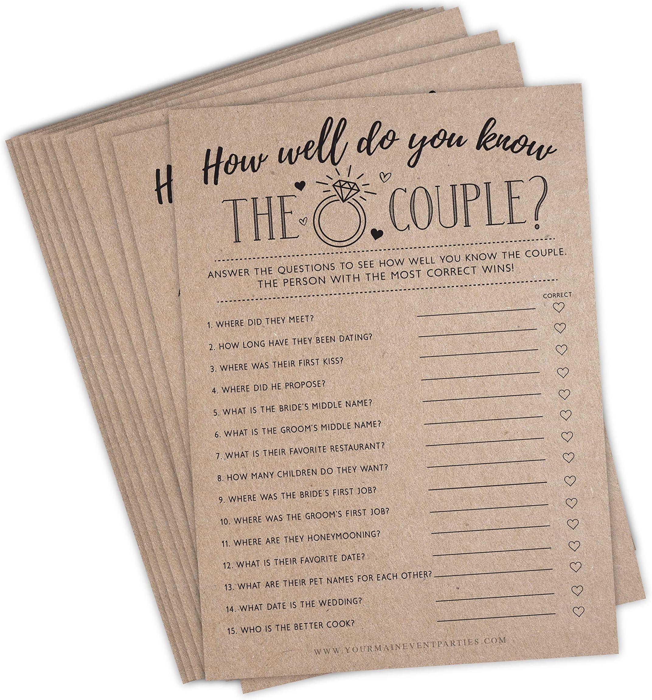 Your Main Event Prints Bridal Shower Games, Fun Activities, Kraft Minimalist Style (How Well Do You Know The Couple) - 50 Cards per Pack