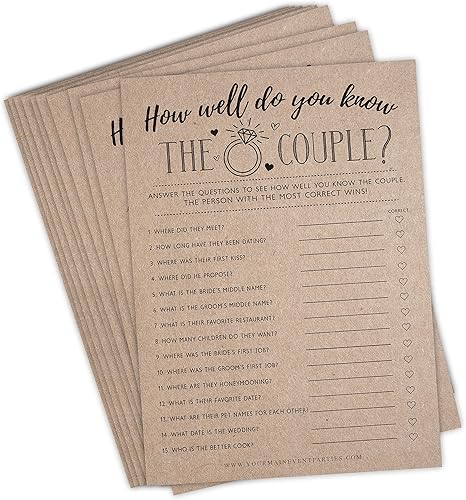 How Well Do You Know The Couple-Kraft - Paquete de 50 unidades rústicas para despedida de soltera o juego de despedida de soltera Who Knows The