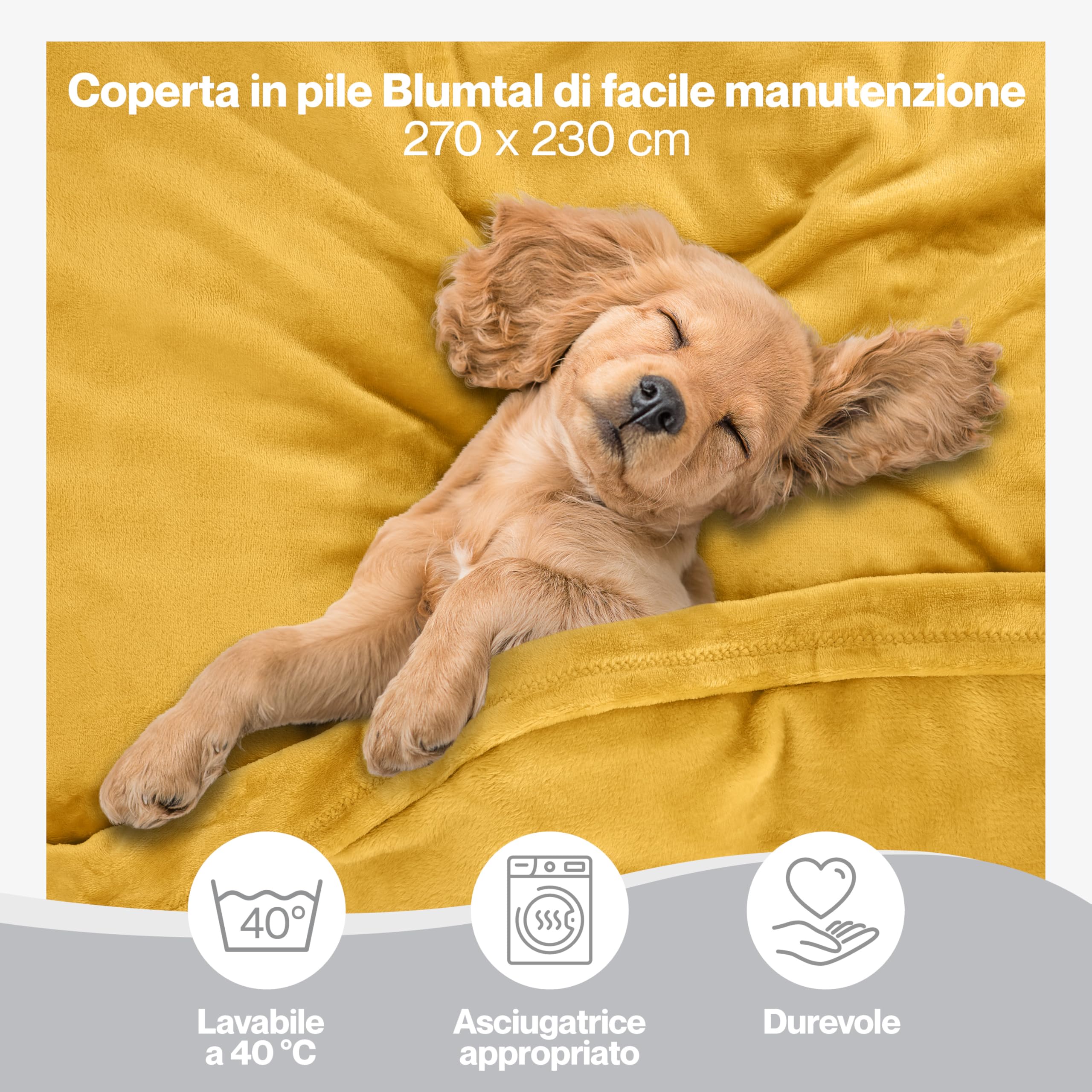 Blumtal Coperta Pile 270x230cm - Coperta Plaid divano super morbida - Coperta Divano certificata OKEO-Tex - coperta per divano - coperta invernale - coperte in pail - plaid matrimoniale pile in ocra