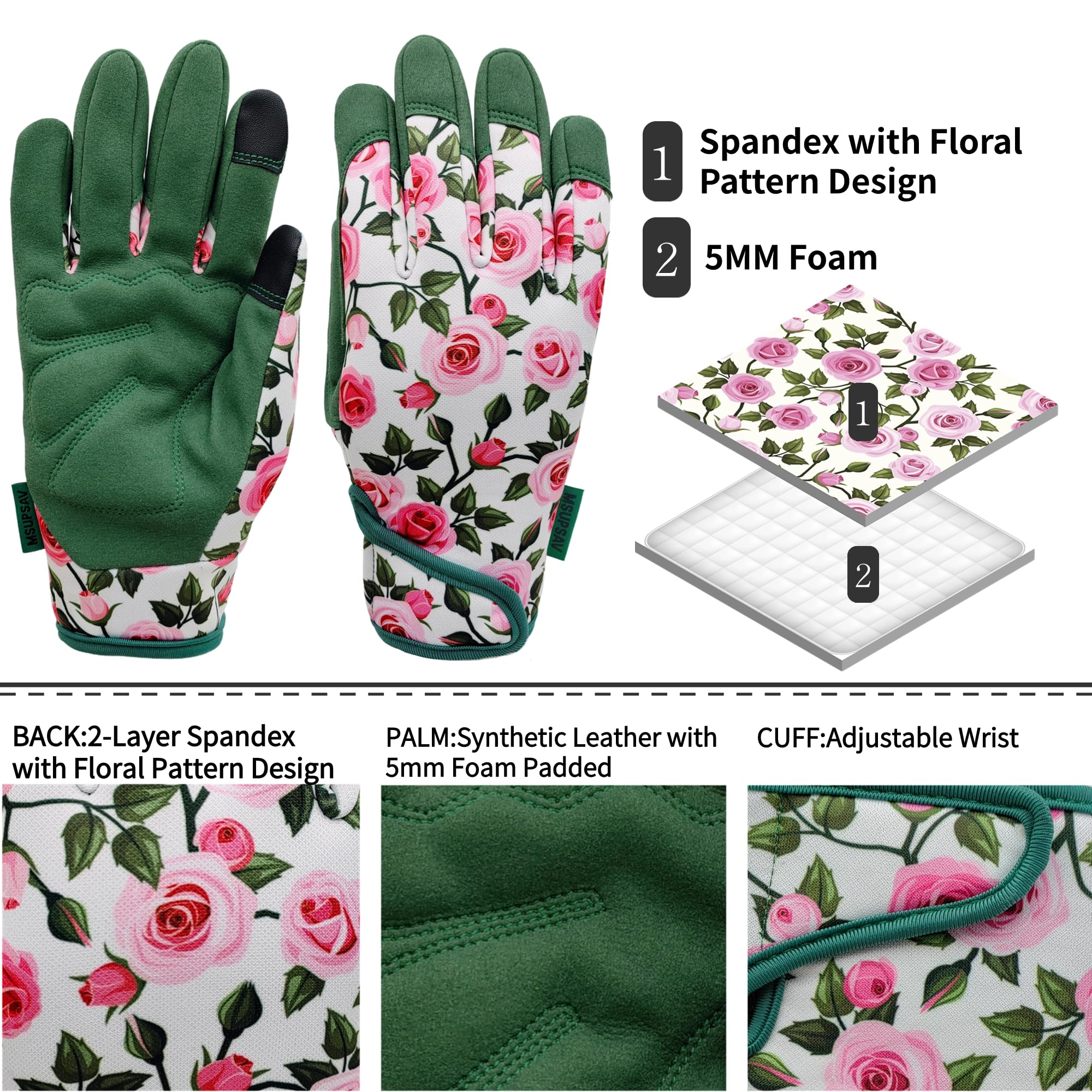 MSUPSAV Gardening Gloves for Daily Work,Synthetic Leather Garden Gloves,Work Gloves with Touch Screen,Gifts for Women,Medium,Green