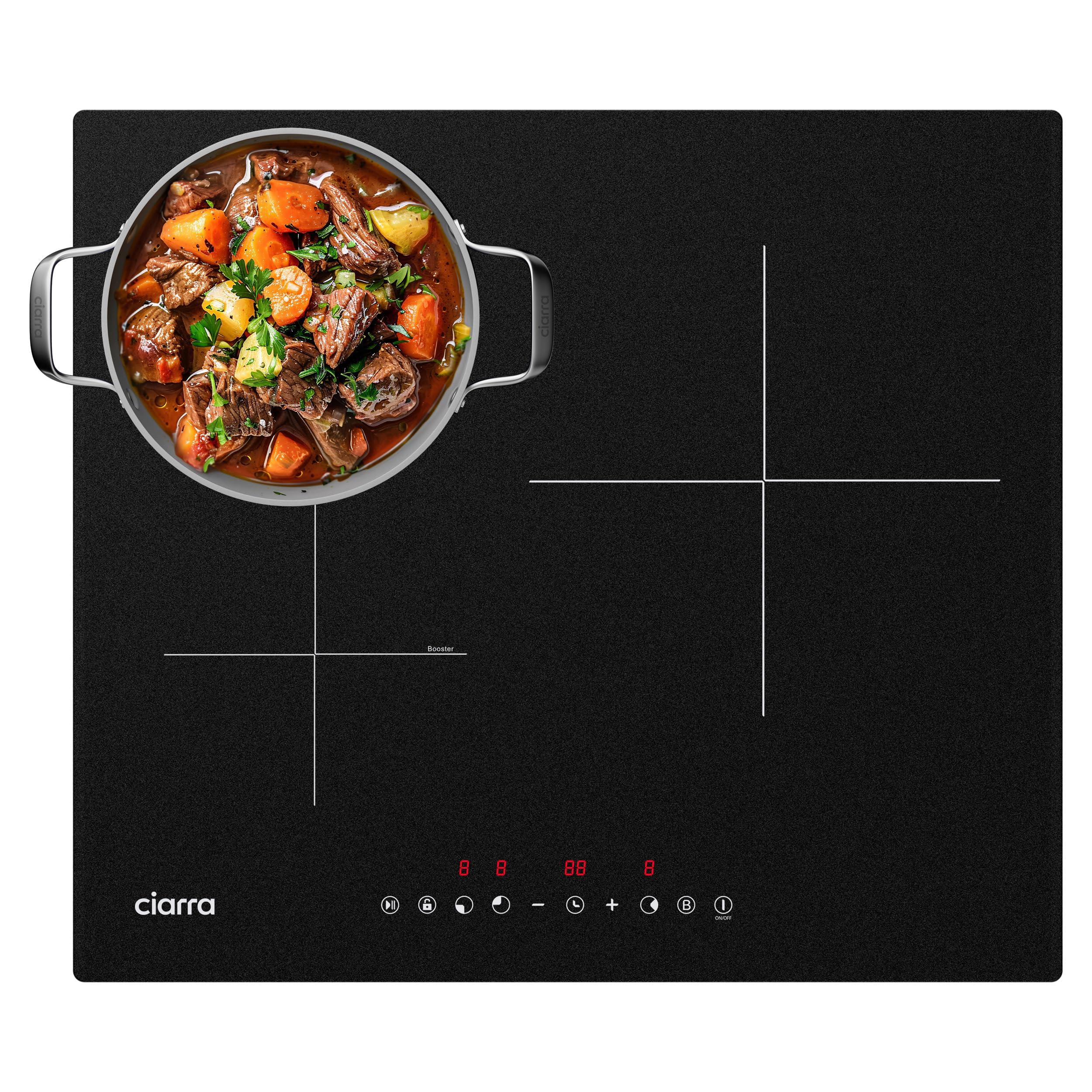 Ciarra Placa Induccion 3 Fuegos 60cm Función Boost | Limitador de potencia 2,8/3,5/6,2 kW, Pausa, Temporizador, Para Recipientes de 30cm