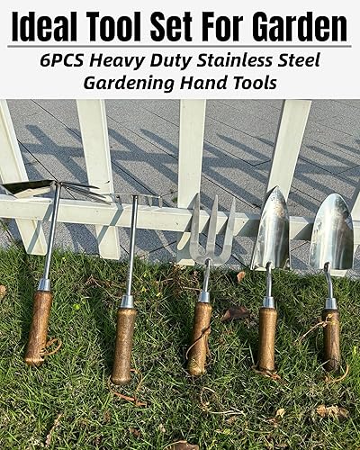 Miniatura 6 de Juego de herramientas de jardín, 6 herramientas de mano de jardinería de acero inoxidable resistentes con cuerdas, incluyendo paleta, trasplantador,