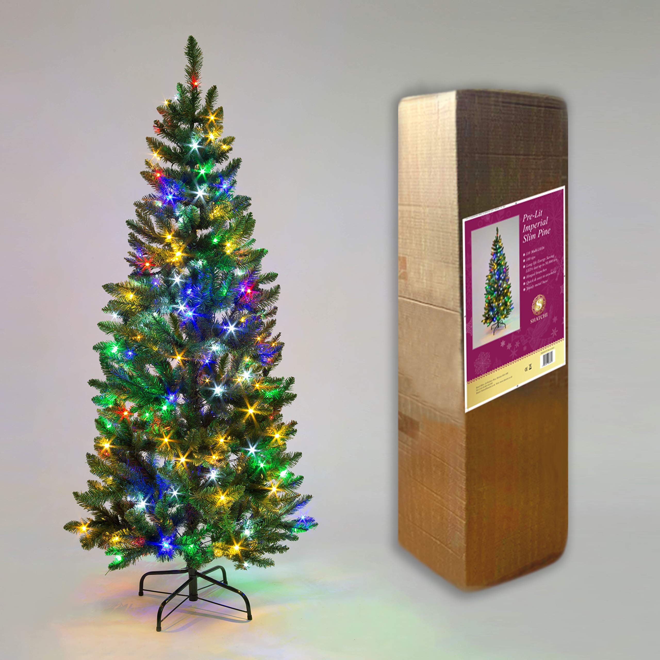 4Ft/1.2m Pre-Lit Green Christmas Tree Slim Tree Pine Narrow Xmas Tree, Pointed Tips, Metal Stand, Multicolour LED Lights, Holiday Home Decorations