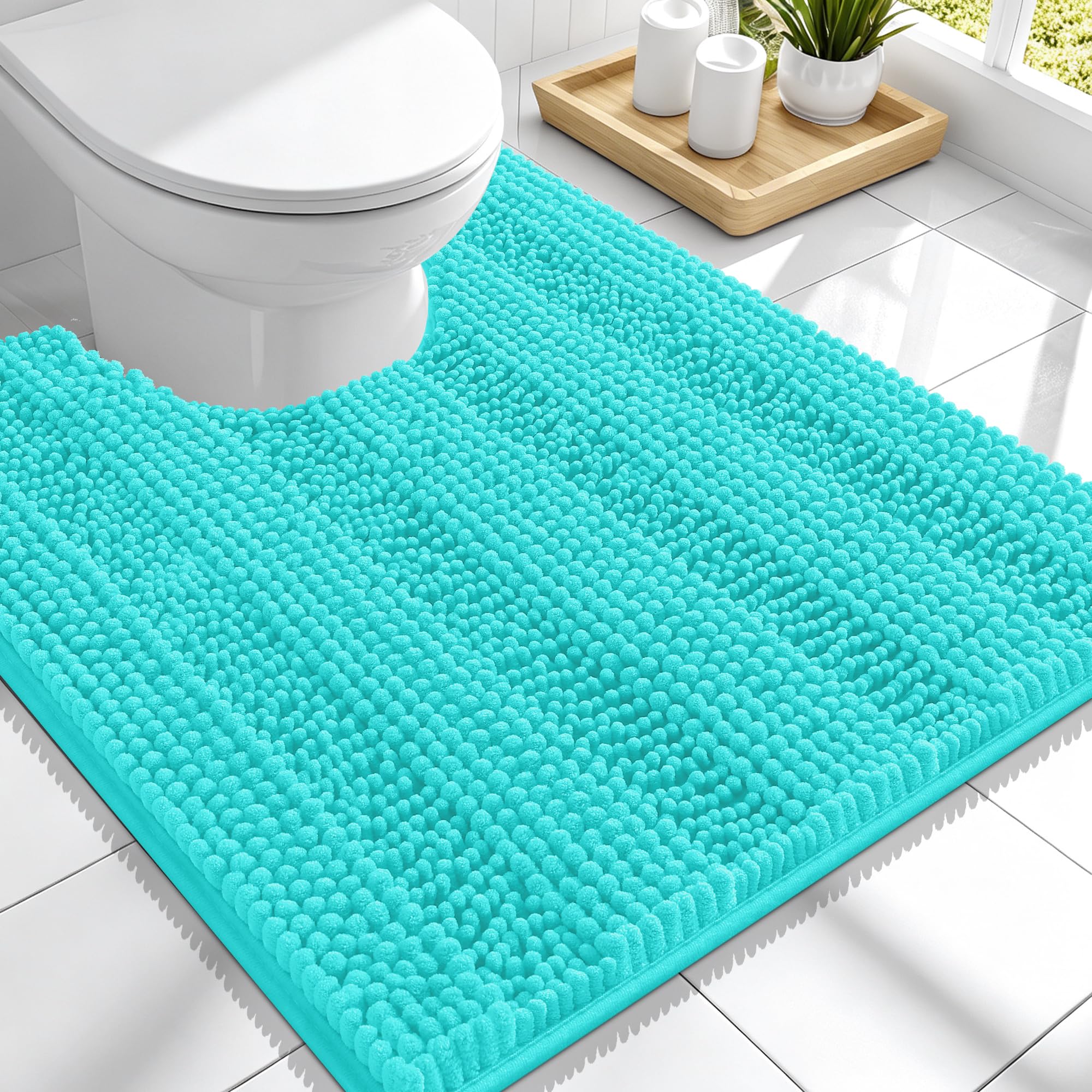 Smiry Thick Chenille Toilet Rugs U-Shaped 24x20, Absorbent Bath Mat, Teal