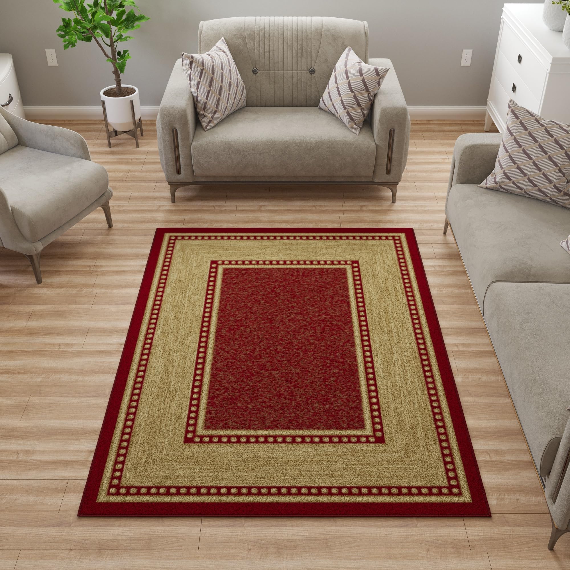 ottomanson 5' x 6'6" rugs for living room border area rug for bedroom - non slip durable large floor carpet for high traffic areas - indoor rug for dining room kitchen kids playroom, red