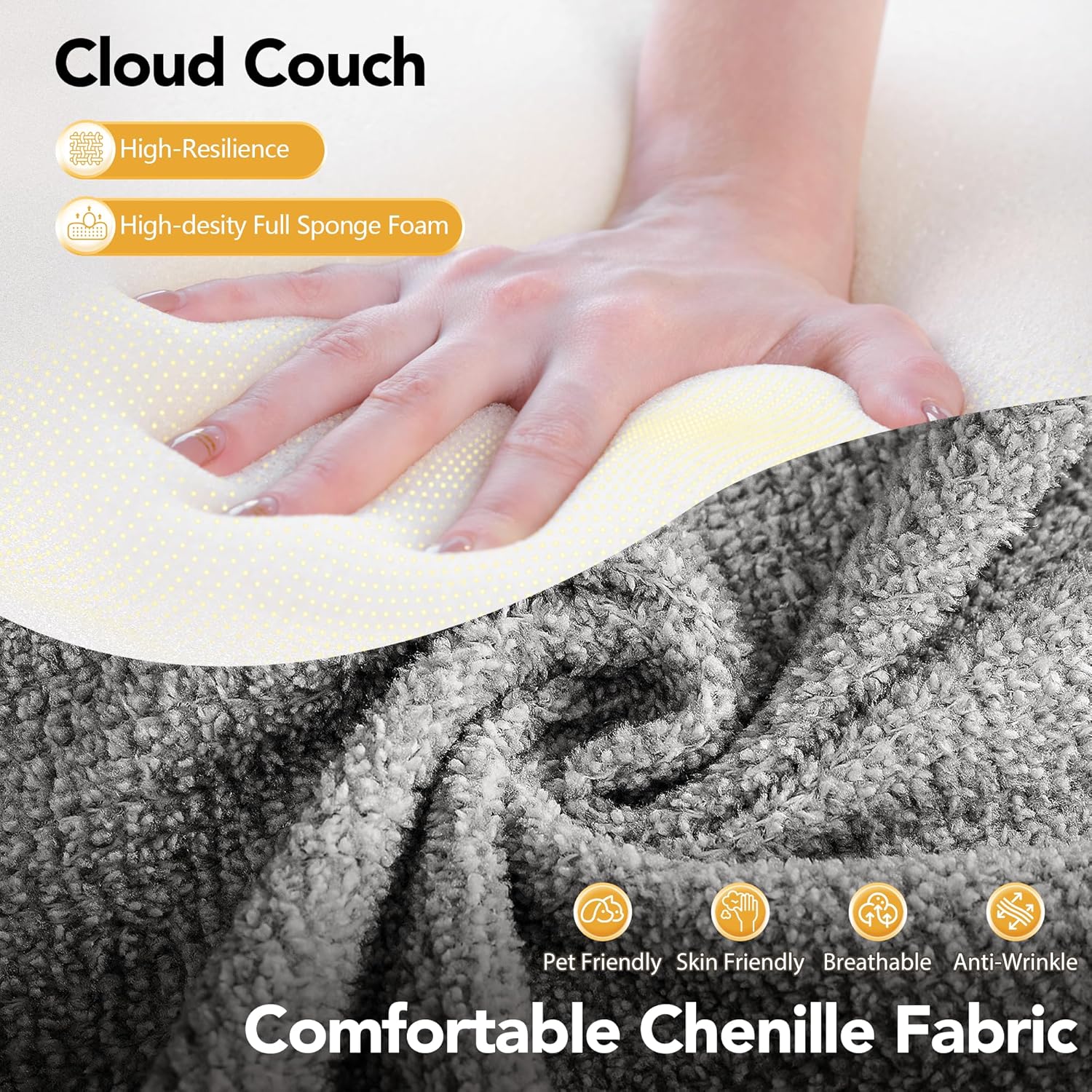 Decofy 2026 New 105.5”Cloud Boneless Sectional Sofa for Living Room, L-Shaped 4-Seater Modular Couch with Ottoman, 4 Pillows, Deep Seat Chenille Fabric Sofa, No Assembly, 72H Full Restore, Light Grey