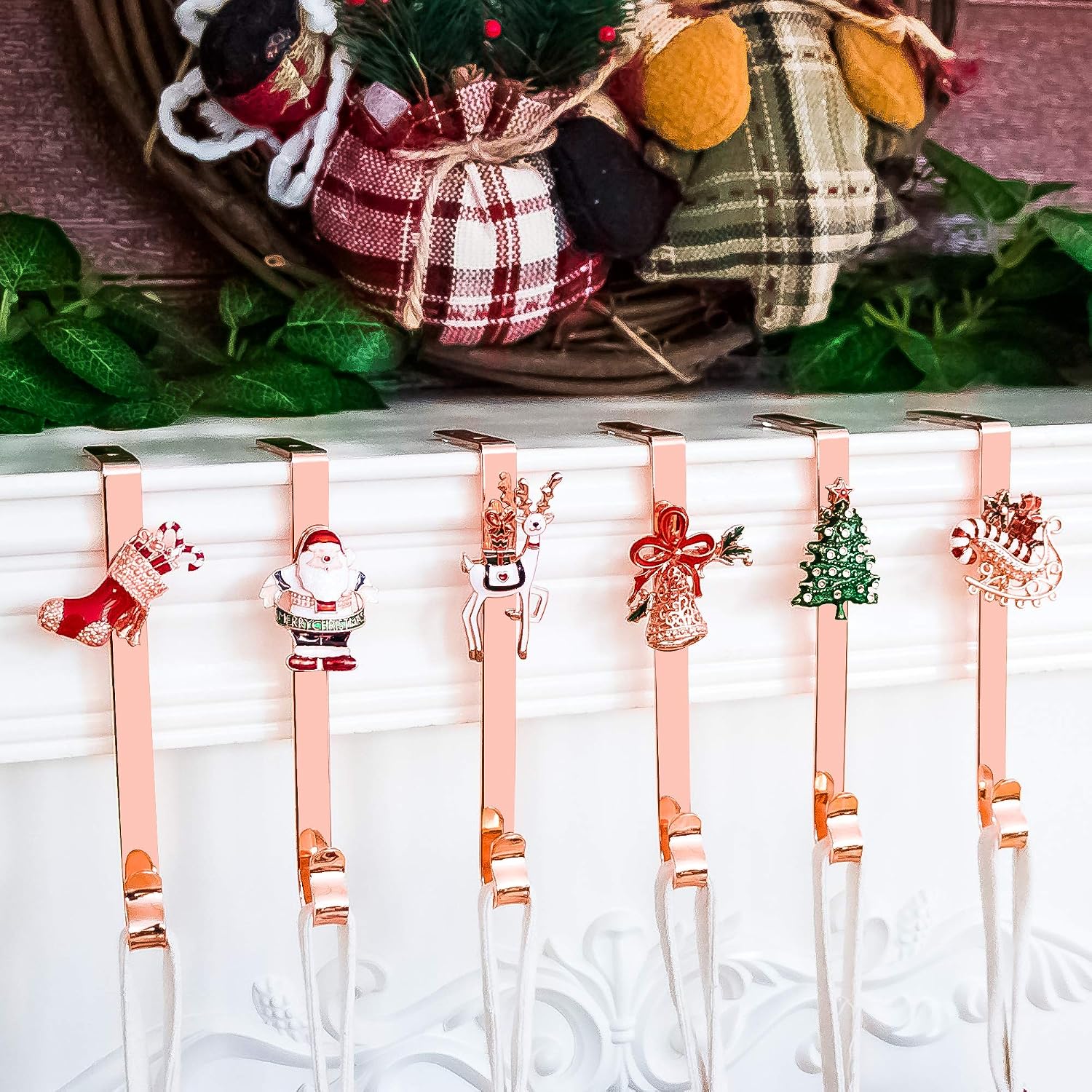 Christmas Stocking Holder+Christmas Elements Brooch Set of 6 Hanger Hook Fireplace/Mantel Rose Gold Plating Hook Decoration (Rose Gold)