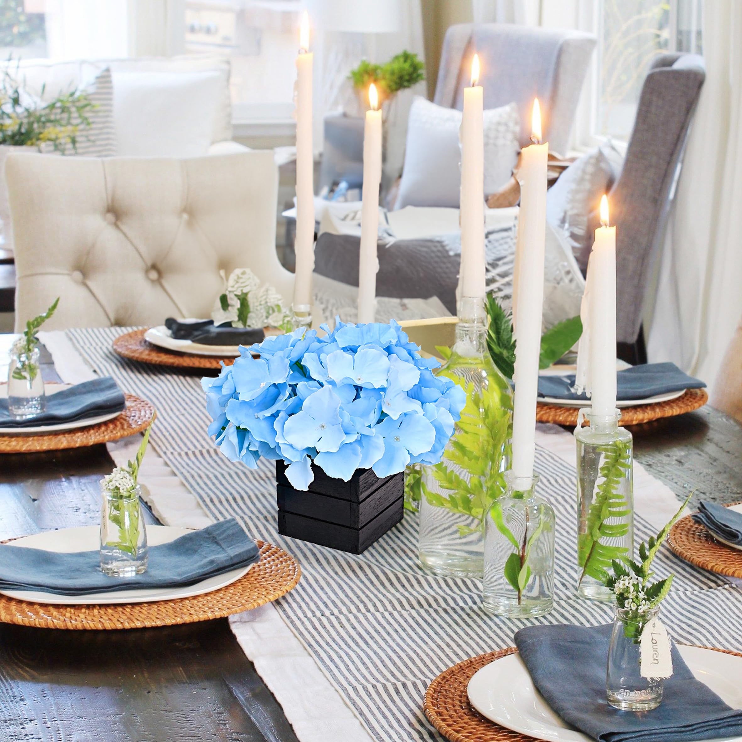 CVHOMEDECO Ortensia Blu Artificiale In Vaso Di Legno, Composizione Floreale Finta In Seta Per Decorazione Casa E Regalo