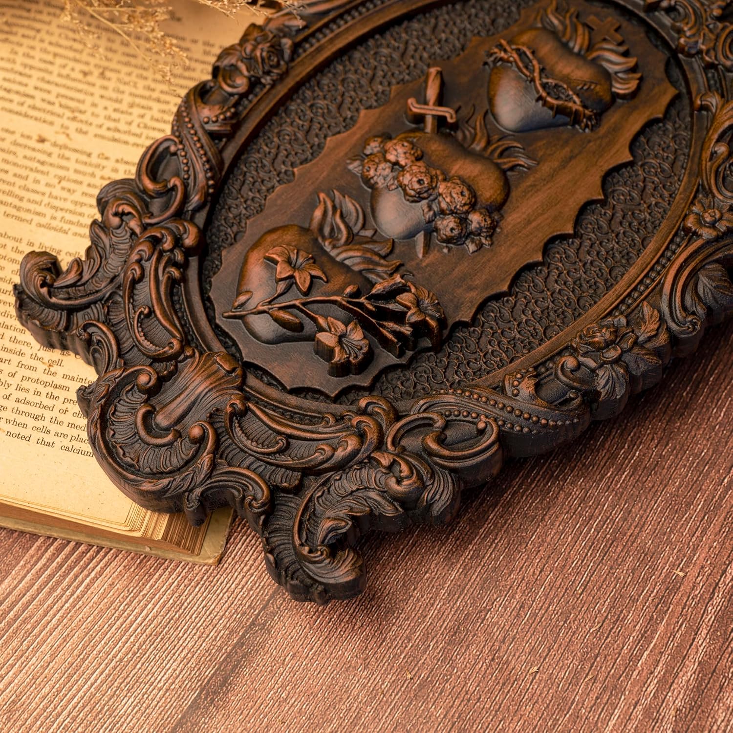 Three Sacred Hearts Wall Plaque Religious Handmade Holy Family Wooden Wall Decor Art Christmas Gift (10 Inch, Vintage)