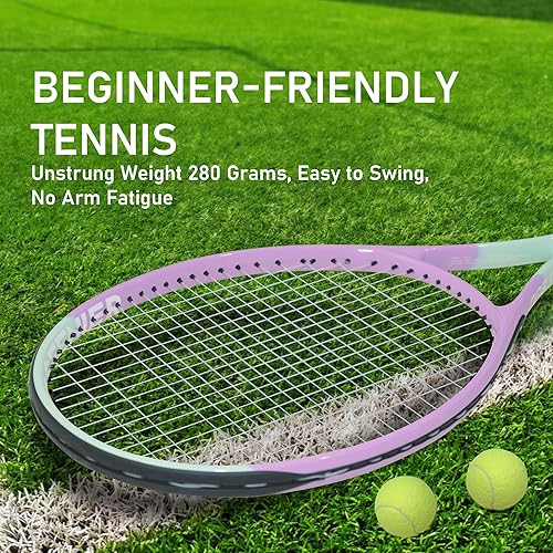 Miniatura 4 de OGEENIER Raqueta de tenis de 27 pulgadas para adultos, raqueta de tenis preencordada para principiantes, raquetas ligeras y recreativas con 1