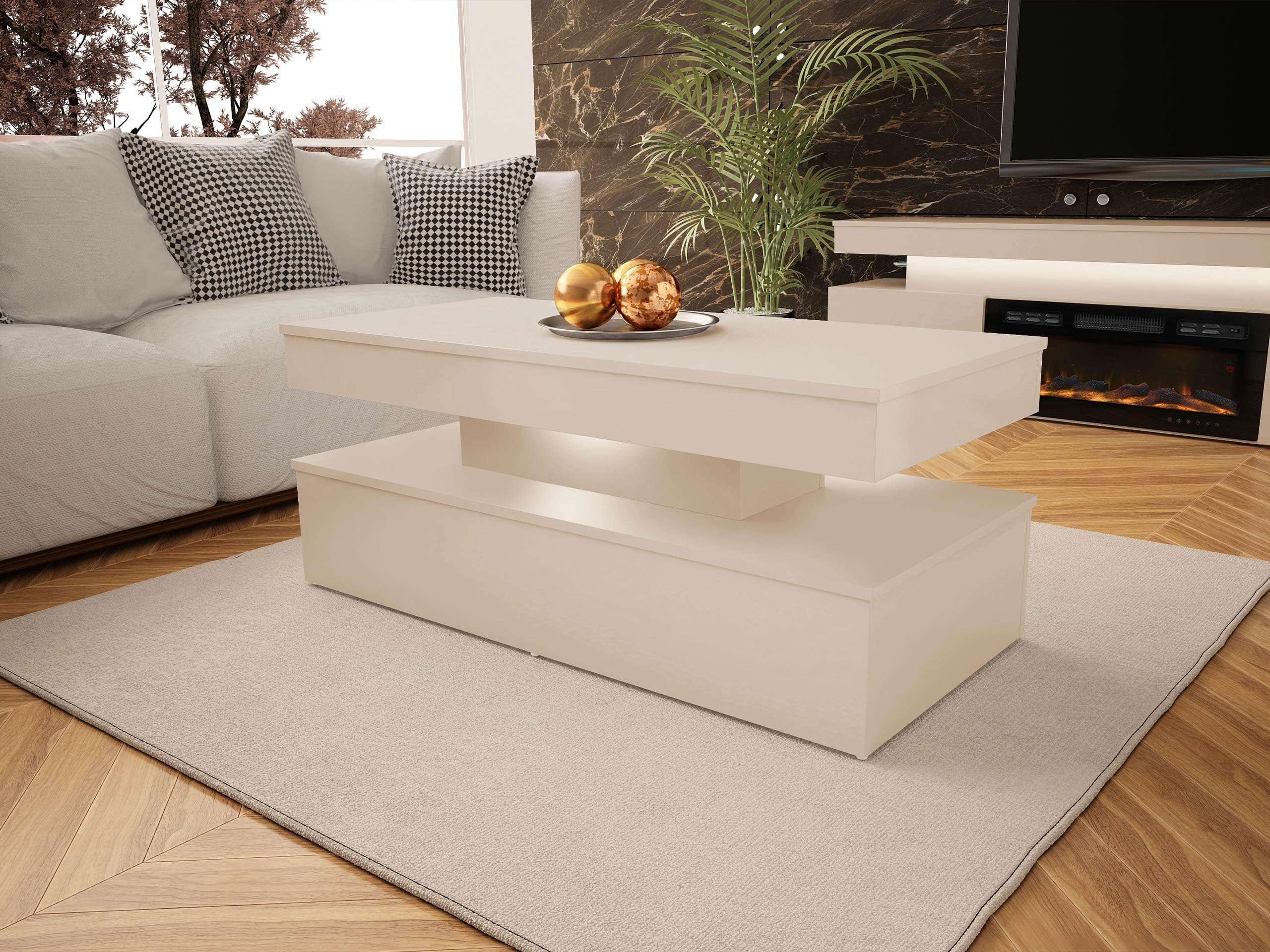 Mirjan24 Couchtisch Serkuzo Bis 120 mit weißer LED (Wüstensand) | Moderner Sofatisch mit Ablagefach und Antirutschfüßen, B/H/T: 120/50/55 cm