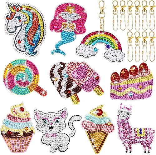 Miniatura 8 de MTLEE 10 juegos de artes y manualidades para niños de 8 a 12 años, kits de llavero de pintura de diamantes 5D, kits de arte de gemas para niñas