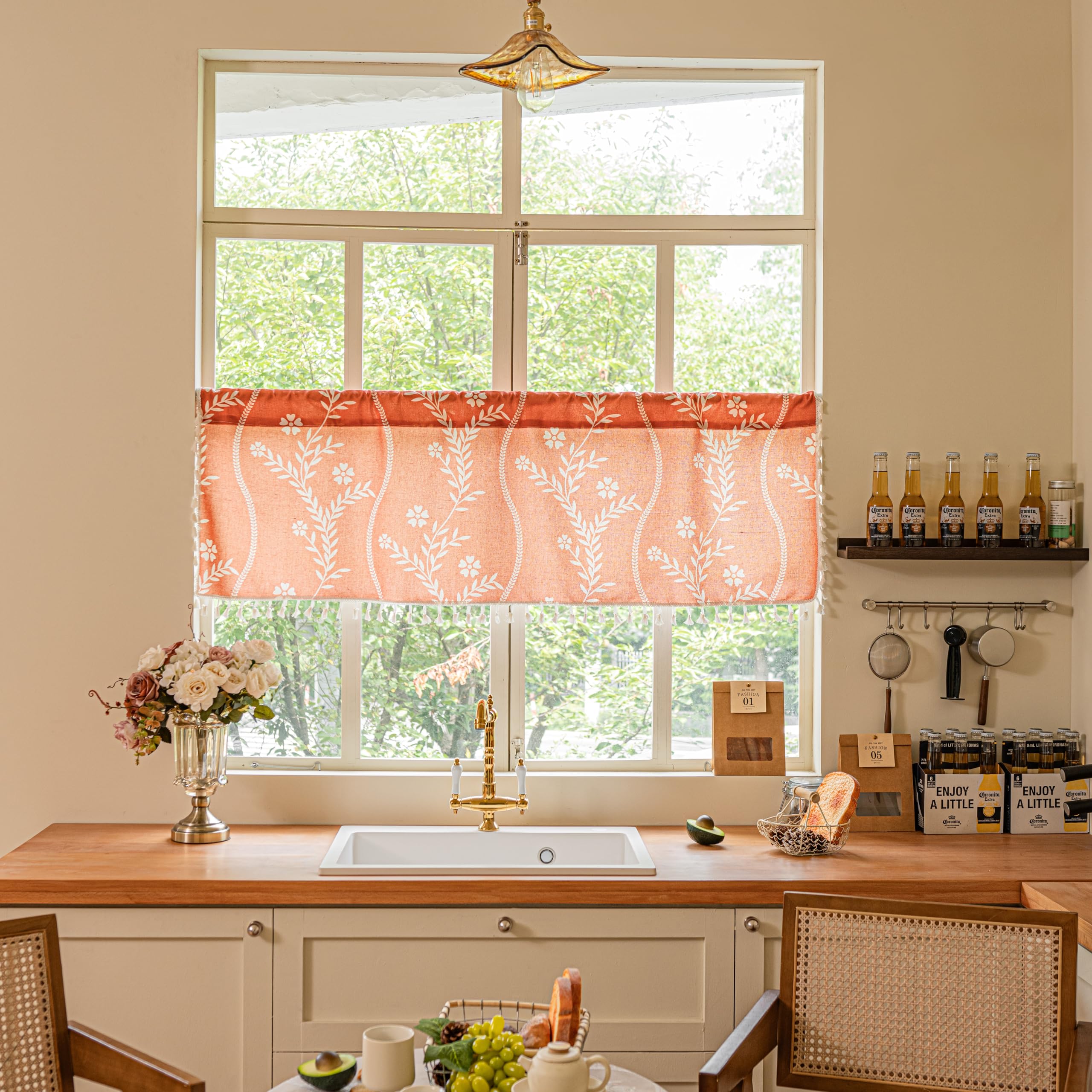 Sutuo Home Terracotta Boho Farmhouse Curtains Valance for Nursery Cafe, Bohemian Short Curtains Semi Sheer Beige Tassles Halloween Print Orange Drape Window Treatments 1 Panel Rod Pocket 52" W x 18" L