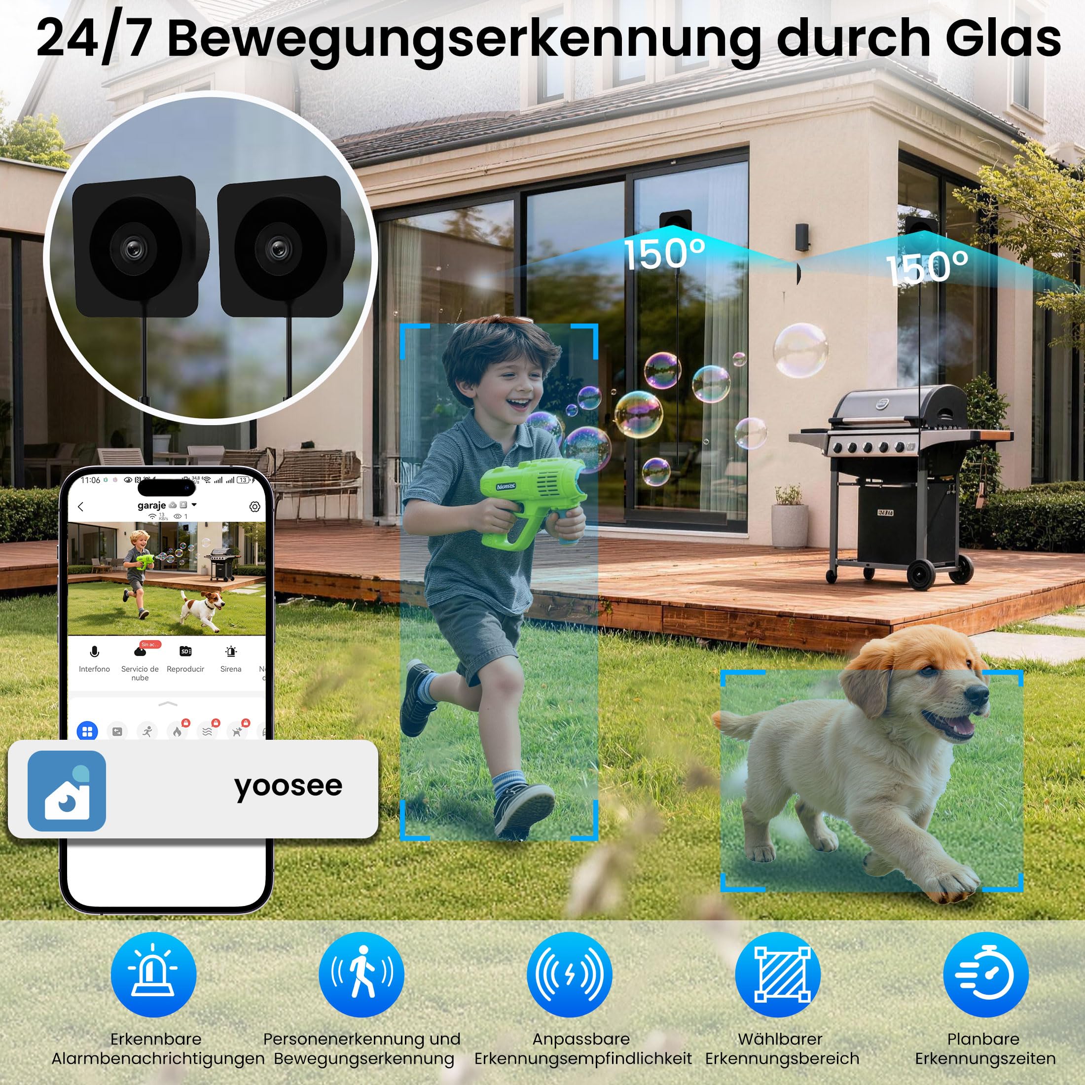 (2 Stück) 3MP 2K Fensterkamera 5G/2.4 WiFi Überwachungskamera Innen/Außen | Farb-Nachtsicht,Bewegungserkennung durch Glas,Cloud/SD & 24-Stunden-Aufnahme–Geeignet für Auto,Eingangsbereich & Haustiere