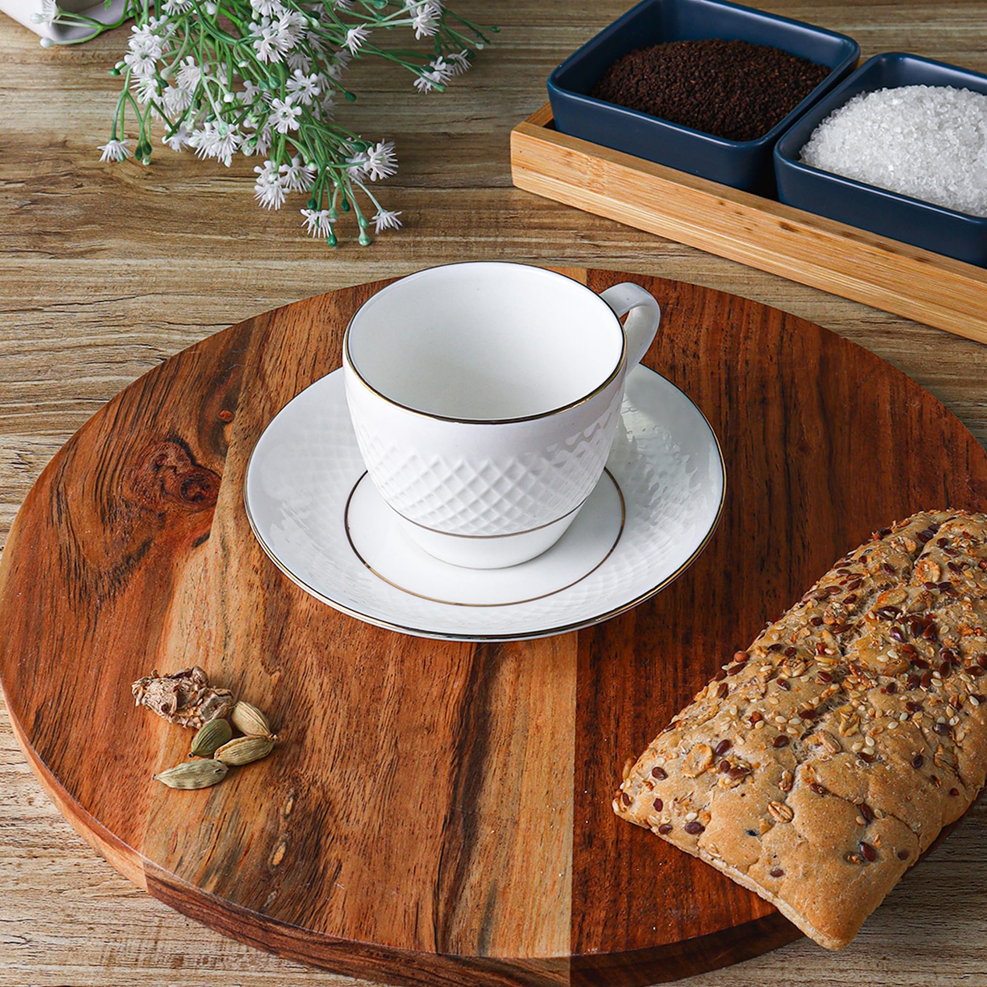 Femora Double Gold Line Diamond Cut White Ceramic Tea Cup Set with Saucer, 200 ML, 6 Cups, 6 Saucers (B0C9WMLW61) Amazon Price History, Amazon Price Tracker