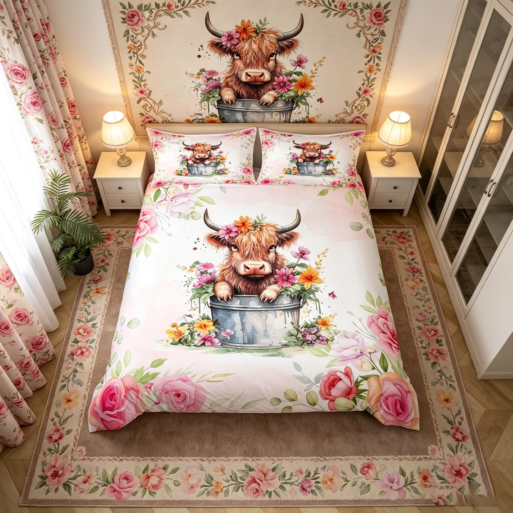 Highland Cattle Duvet Cover Set Super King Size, Watercolor Flower Comforter Cover with 2 Pillowcases, Floral Farm Cow Bedding Set 3pcs for Kids Girls Adults Room Decor Lightweight Bedspread Cover — image 1