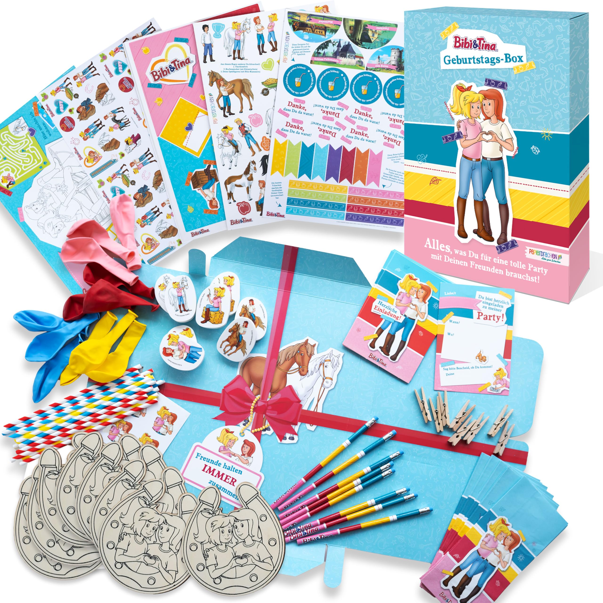 Papierdrachen Bibi & Tina Geburtstagsbox - Komplette Party-Deko und Bastelset für Kindergeburtstag (für 8 Gäste) Set 1