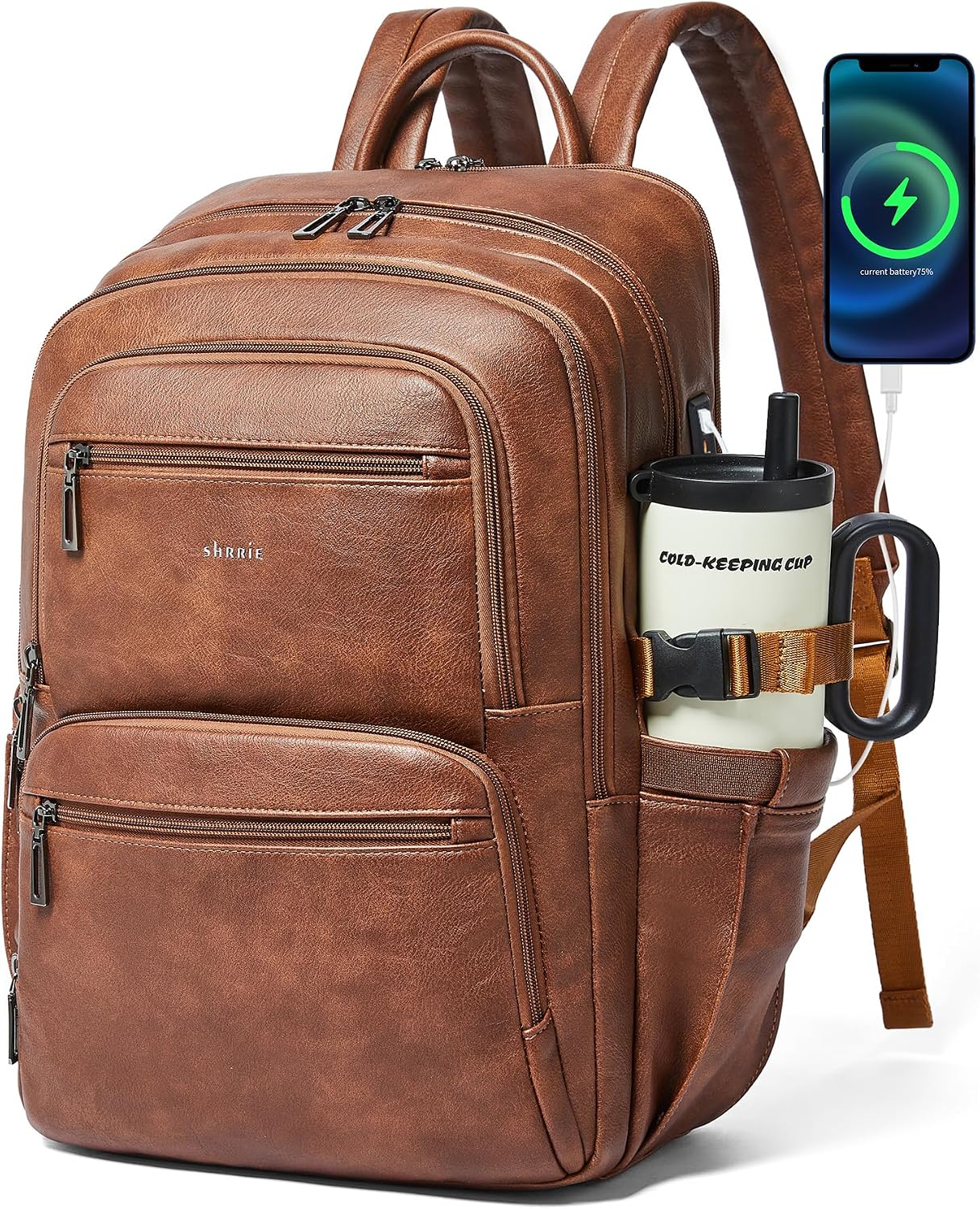 Shrrie 17 Inch Laptop Leather Backpack for Women with USB Charger