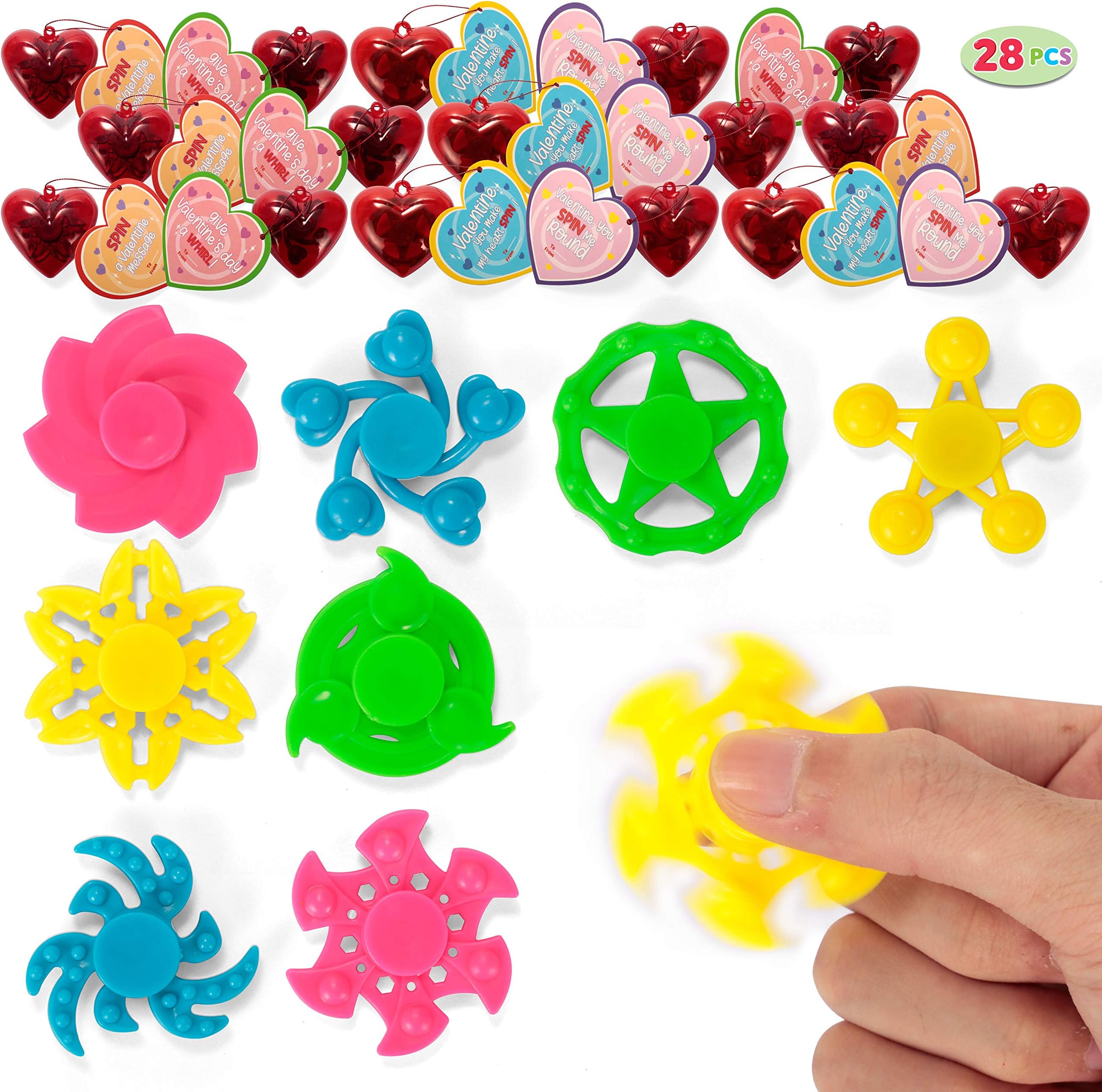 JOYIN20 Pack Valentines Cards with Fidget Spinner and Red Prefilled Hearts, Stress Relief Hand Finger Spinner Fidget Toys for Boys Kids Valentine’s Day Party Favors