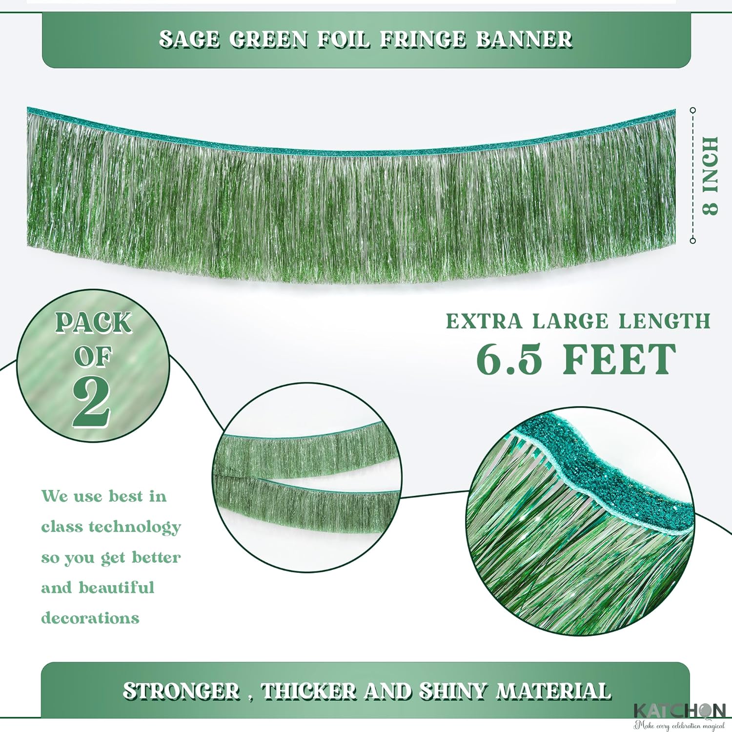 KatchOn, Sage Green Fringe Banner - 6.5 Feet, Pack of 2 | Green Tinsel Garland for Birthday Decorations | Photo Booth Backdrop for Jungle Party Decorations, Foil Fringe Curtains for St Patrick's Day