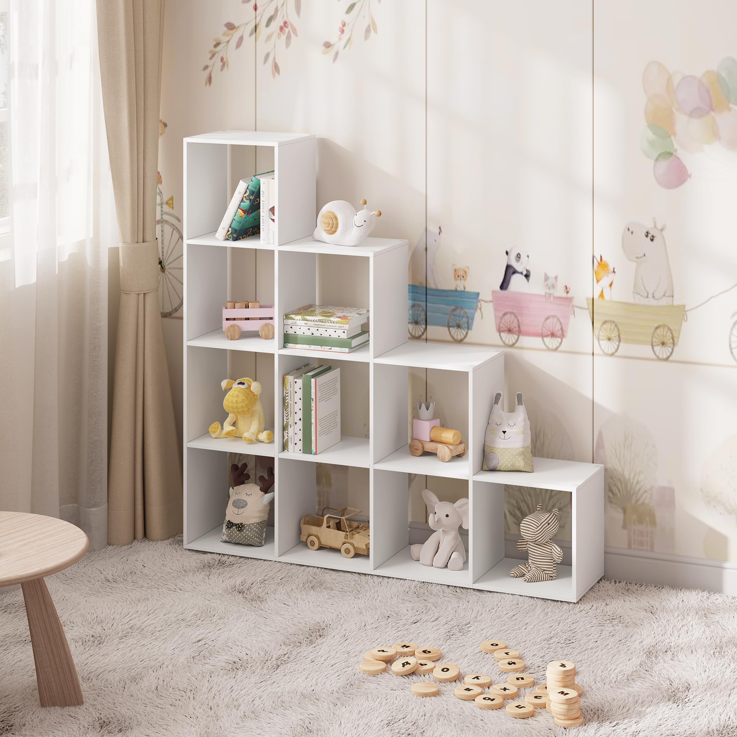 WOLTU Estanteria Libreria con 10 Compartimentos, Estanteria de Almacenamiento de Madera, para Salon, Estudio y Oficina, Blanco+Roble Claro, 136x29x136 cm RGB44ws (29x136x136cm)