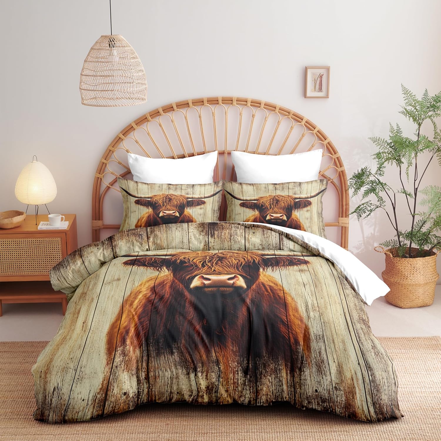 CCoutueChen Rustic Highland Cow Print King Size Comforter Set, Farmhouse Style Soft Bedding Set for Animal Lovers' Bedroom Decor, 3 Pcs Microfiber Quilted Comforter All Seasons (90" X 104") Brown