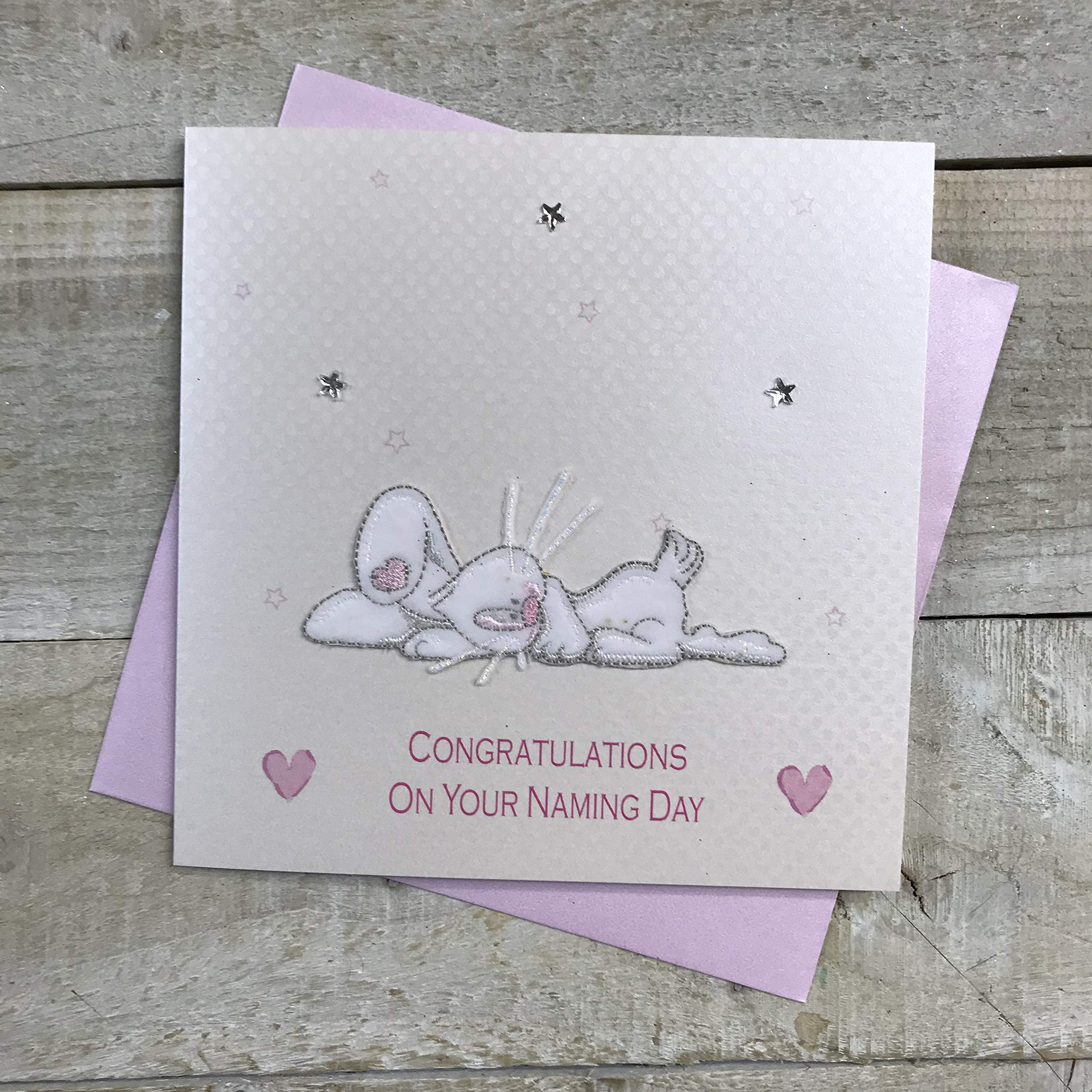 WHITE COTTON CARDS Rosa Huellas On Your Naming Day Tarjeta De Mano