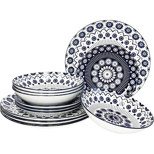 12 Pieces Dinnerware Set, Stoneware, plates and bowls sets, Service for 4, Porcelain, Decorated Mod Dot Blue, Microwave Dishwasher Safe, Chip Resistant, for everyday casual kitchen and formal dinner